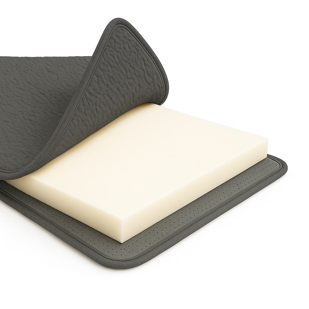 Kabe İşlemeli 3 CM Süngerli Peluş Seccade | Gri Ortopedik Süngerli