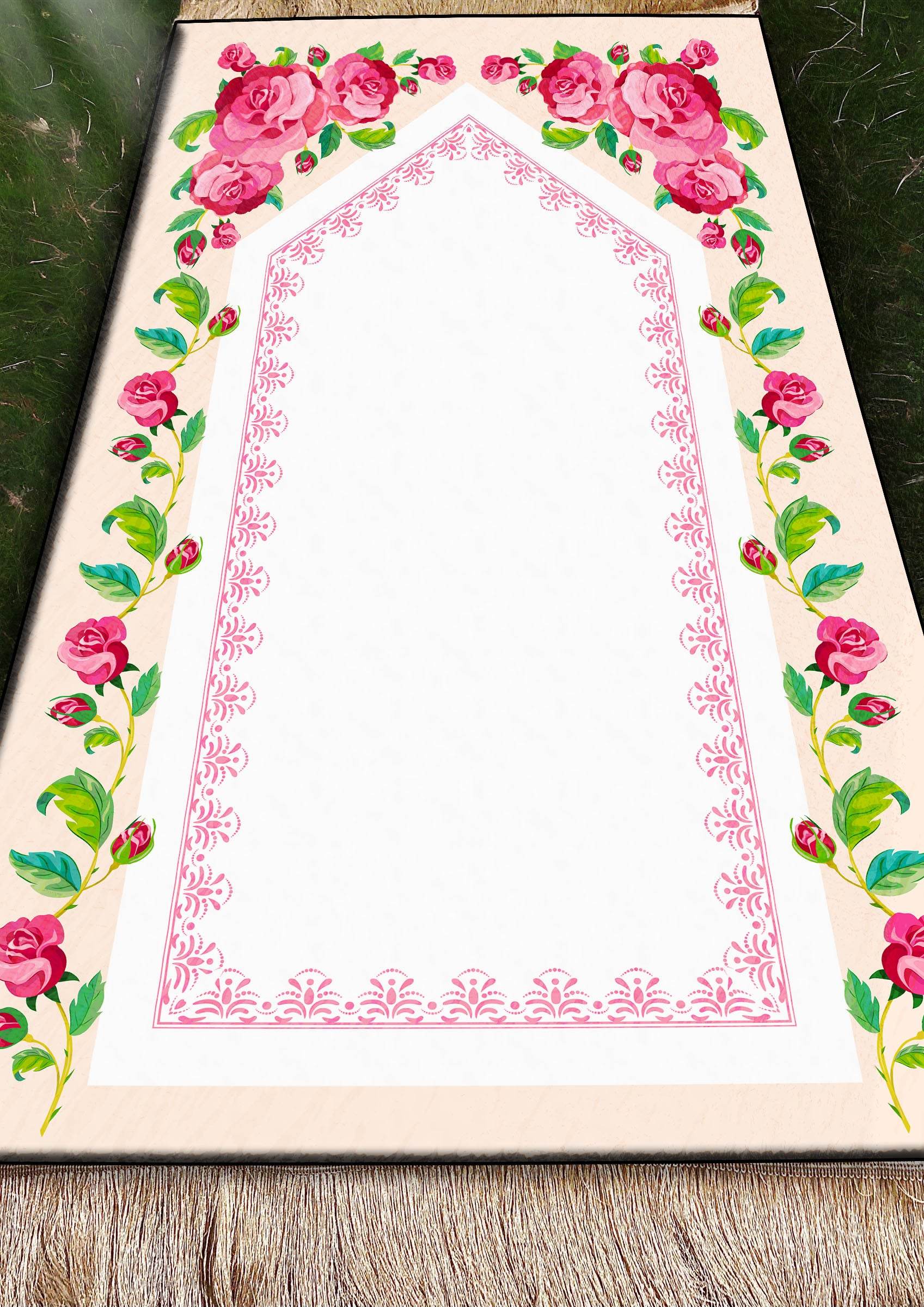 Pembe Çiçek Desenli İsme Özel Keten Astarlı Lüks Seccade - Carpetella