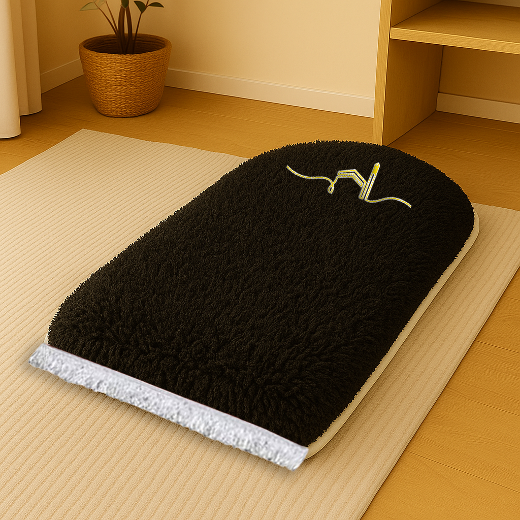 Kabe İşlemeli 3 CM Süngerli Peluş Seccade | Siyah Ortopedik Süngerli