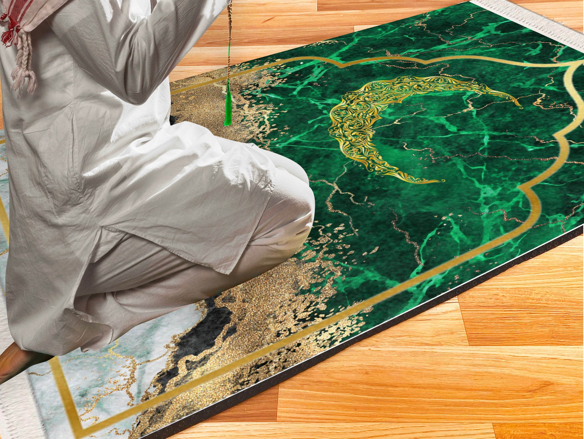 Yeşil Hilal İsme Özel Keten Astarlı Lüks Seccade - Carpetella