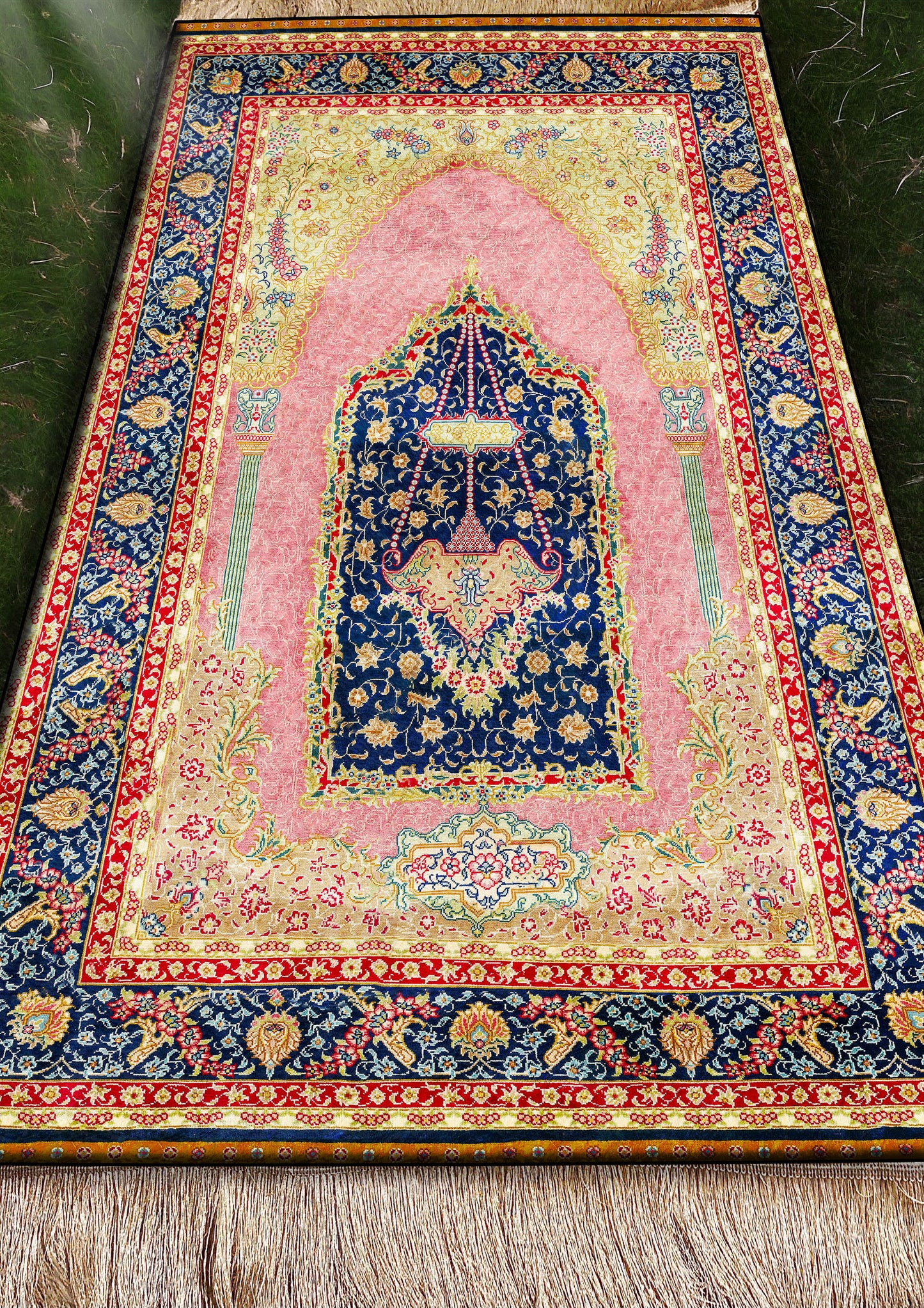 2 CM (0.8 Inch) Foam Thick Padded Prayer Rug Mat With Soft Velvet Anti-Slip Pink Oriental Janamaz Muslim Sejadah