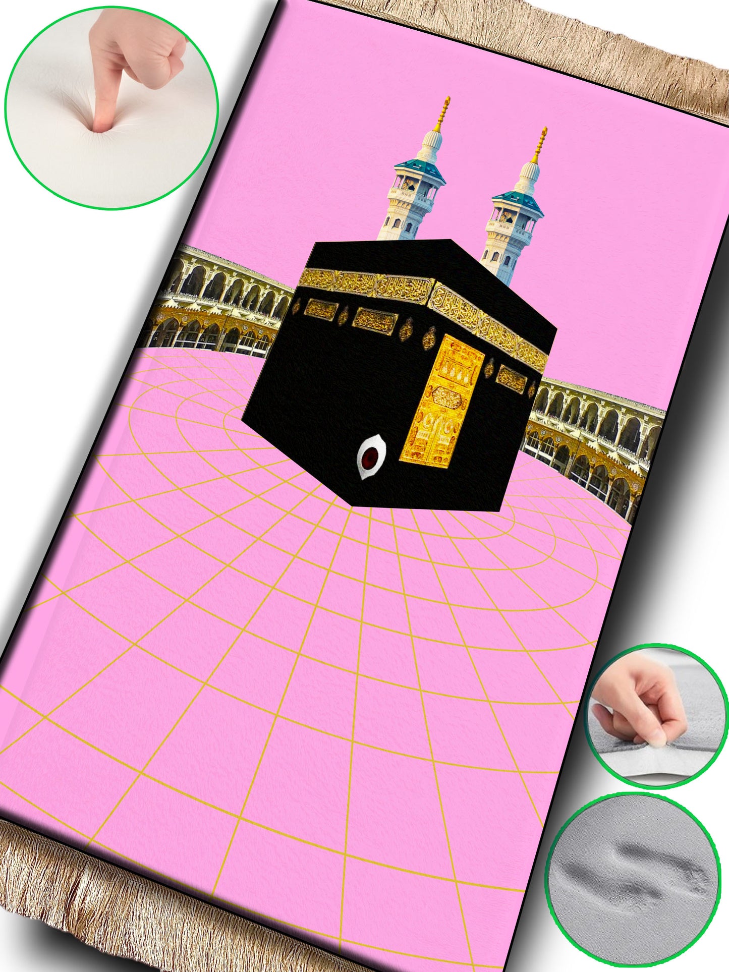 2 CM (0.8 Inch) Foam Thick Padded Prayer Rug Mat With Soft Velvet Anti-Slip Pink Kaaba Janamaz Muslim Sejadah