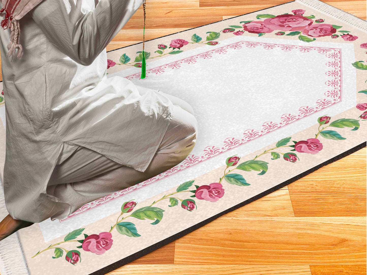 2 CM (0.8 Inch) Foam Thick Padded Prayer Rug Mat With Soft Velvet Anti-Slip Pink Flower Janamaz Muslim Sejadah