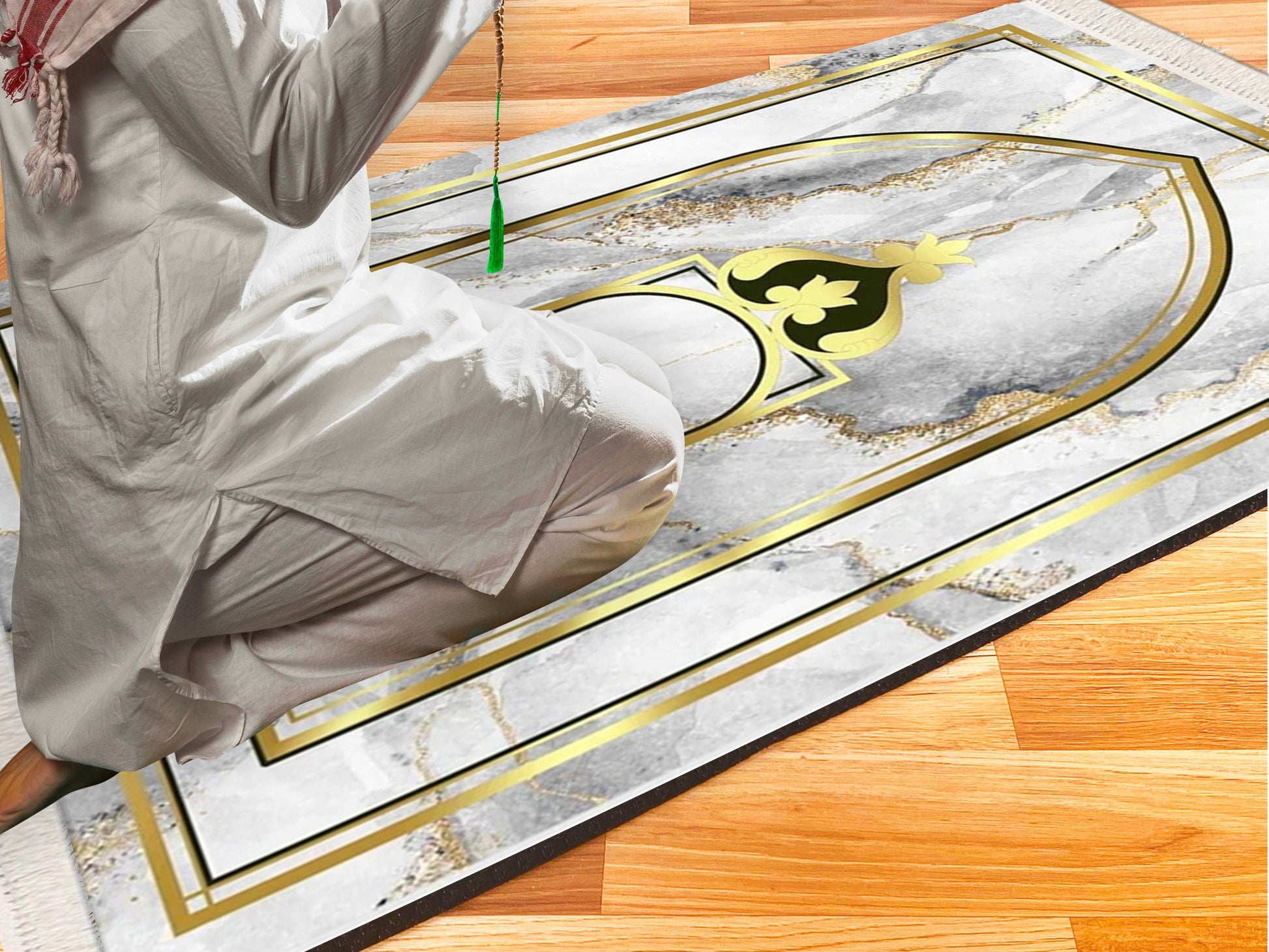 Gold Mermer Desenli İsme Özel Keten Astarlı Lüks Seccade - Carpetella