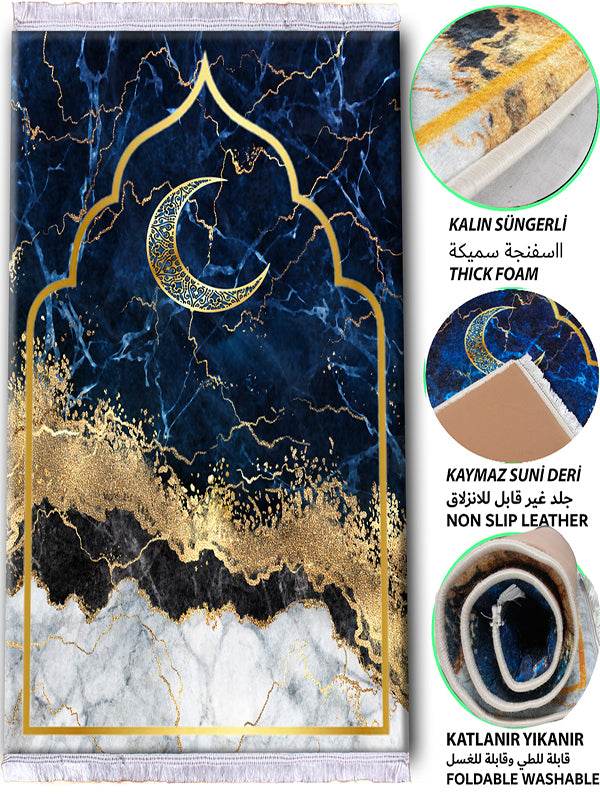 3 CM Süngerli Ortopedik Seccade - Lacivert Gold Kadife Çeyizlik Seccade - Carpetella