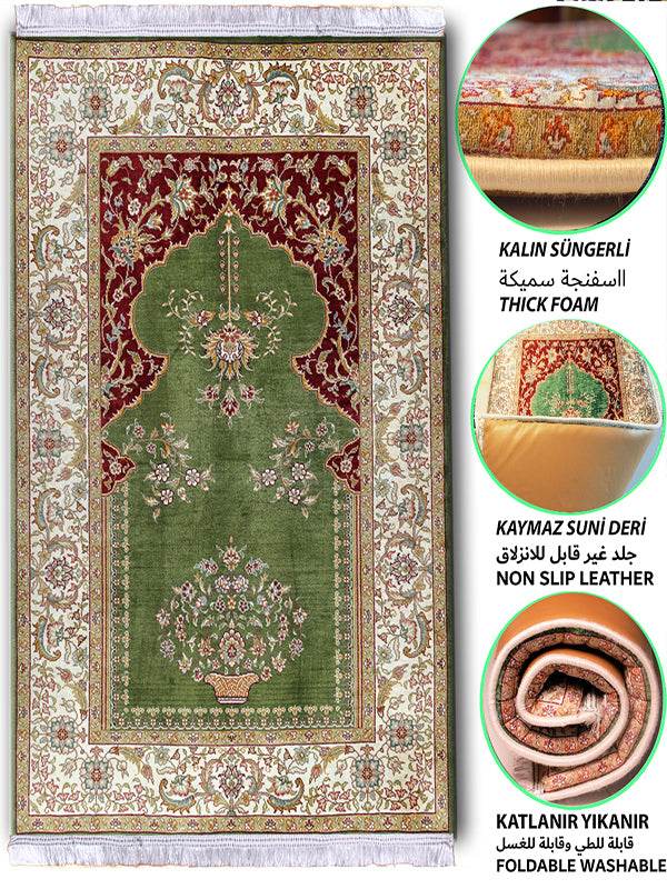3 CM Süngerli Ortopedik Seccade - Yeşil Bej Desenli Ortopedik Kadife - Carpetella