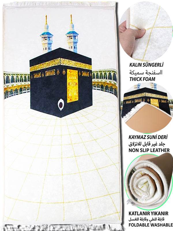 3 CM Süngerli Ortopedik Seccade - Beyaz Kabe Motifli Lüks Kadife Seccade - Carpetella