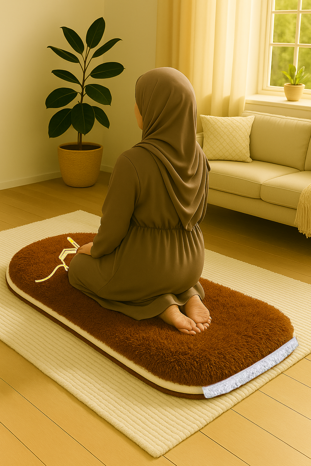 Kabe İşlemeli 3 CM Süngerli Peluş Seccade | Kahverengi Ortopedik Süngerli