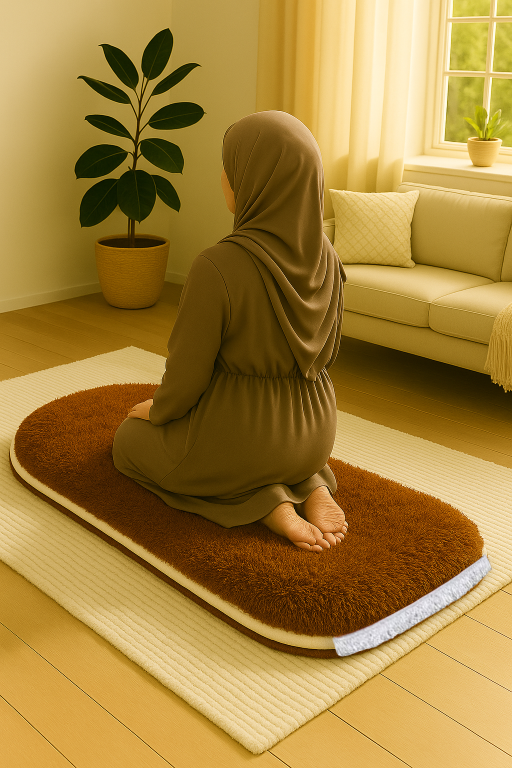 Düz Renk 3 CM Süngerli Peluş Seccade | Kahverengi Ortopedik 3cm Süngerli