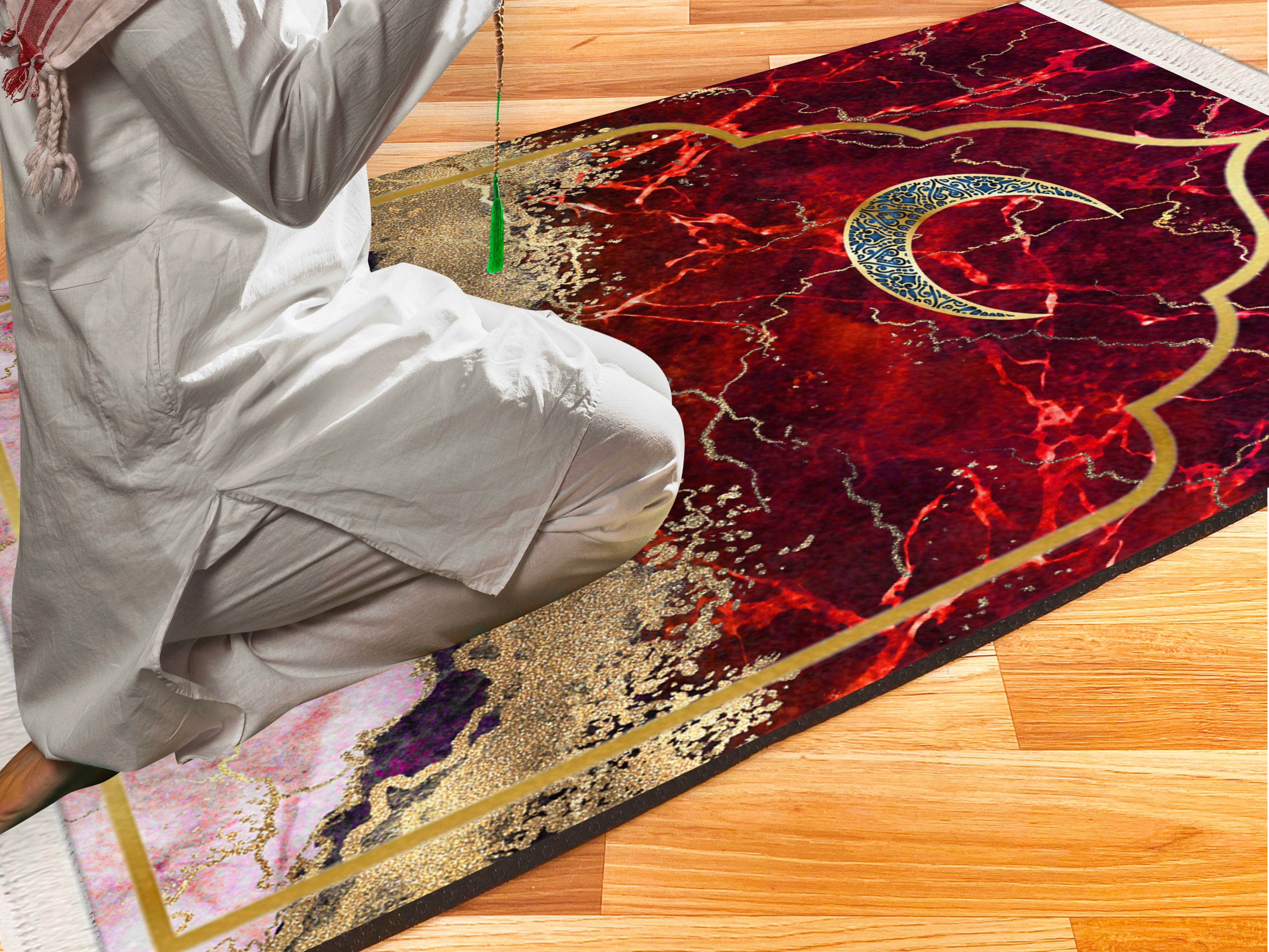 Mor Hilal Desenli İsme Özel Keten Astarlı Lüks Seccade - Carpetella