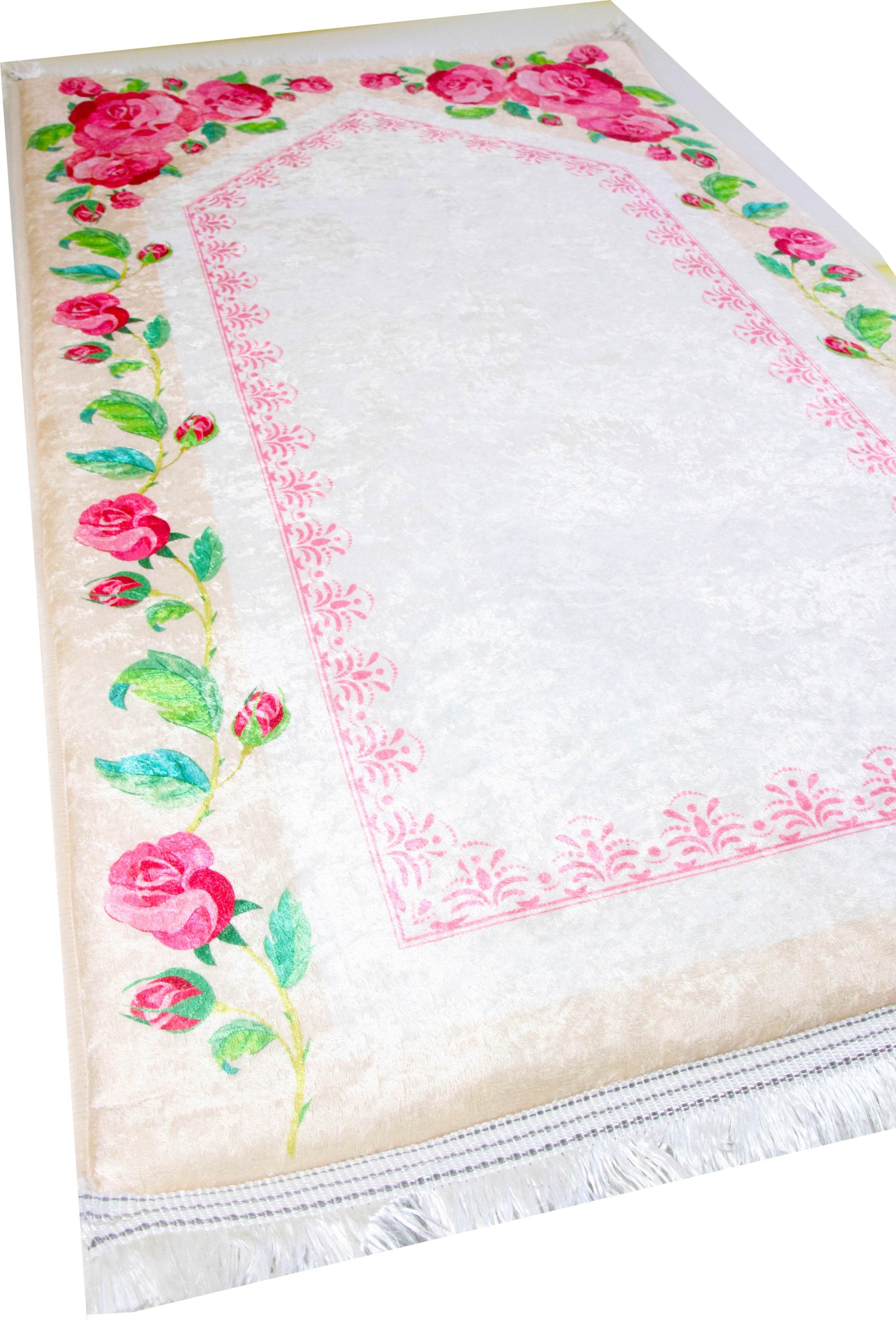 3 CM Süngerli Ortopedik Seccade - Pembe Çiçek Desenli Lüks Kadife 70x120cm - Carpetella