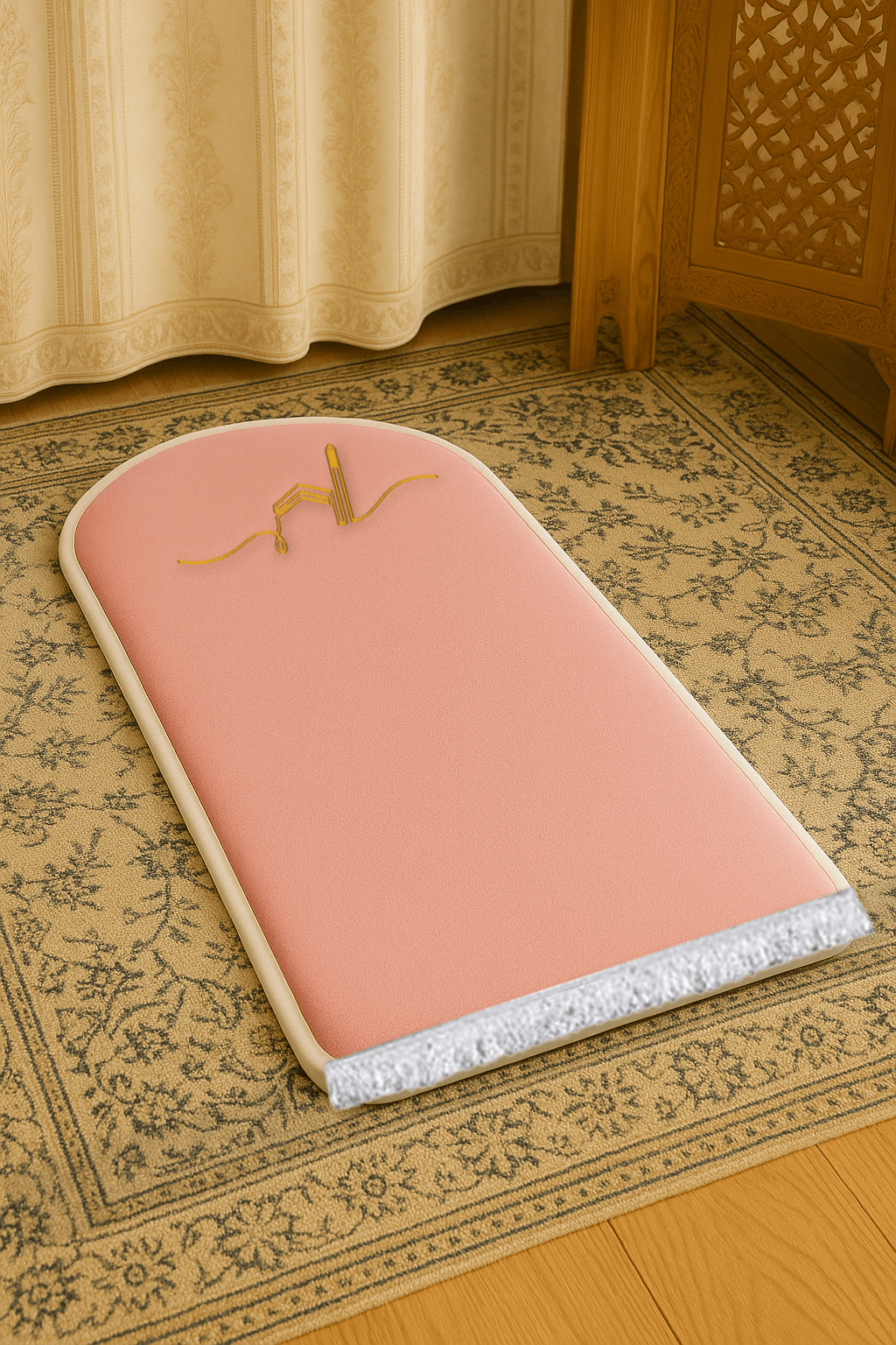 Pembe Kabe İşlemeli Kadife Seccade | Ortopedik 3cm Süngerli - Carpetella