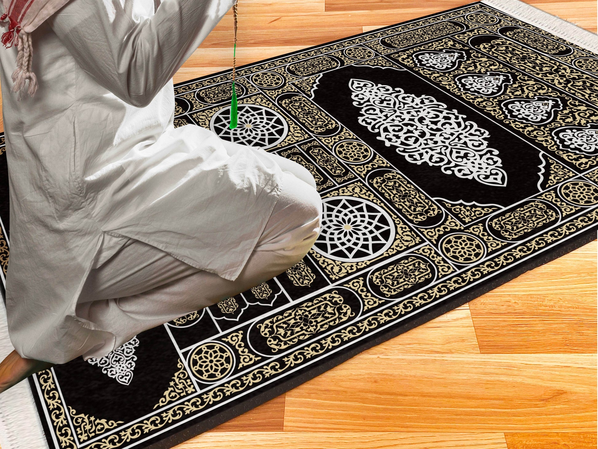 Siyah Kabe Gold Desenli İsme Özel Keten Astarlı Lüks Seccade - Carpetella