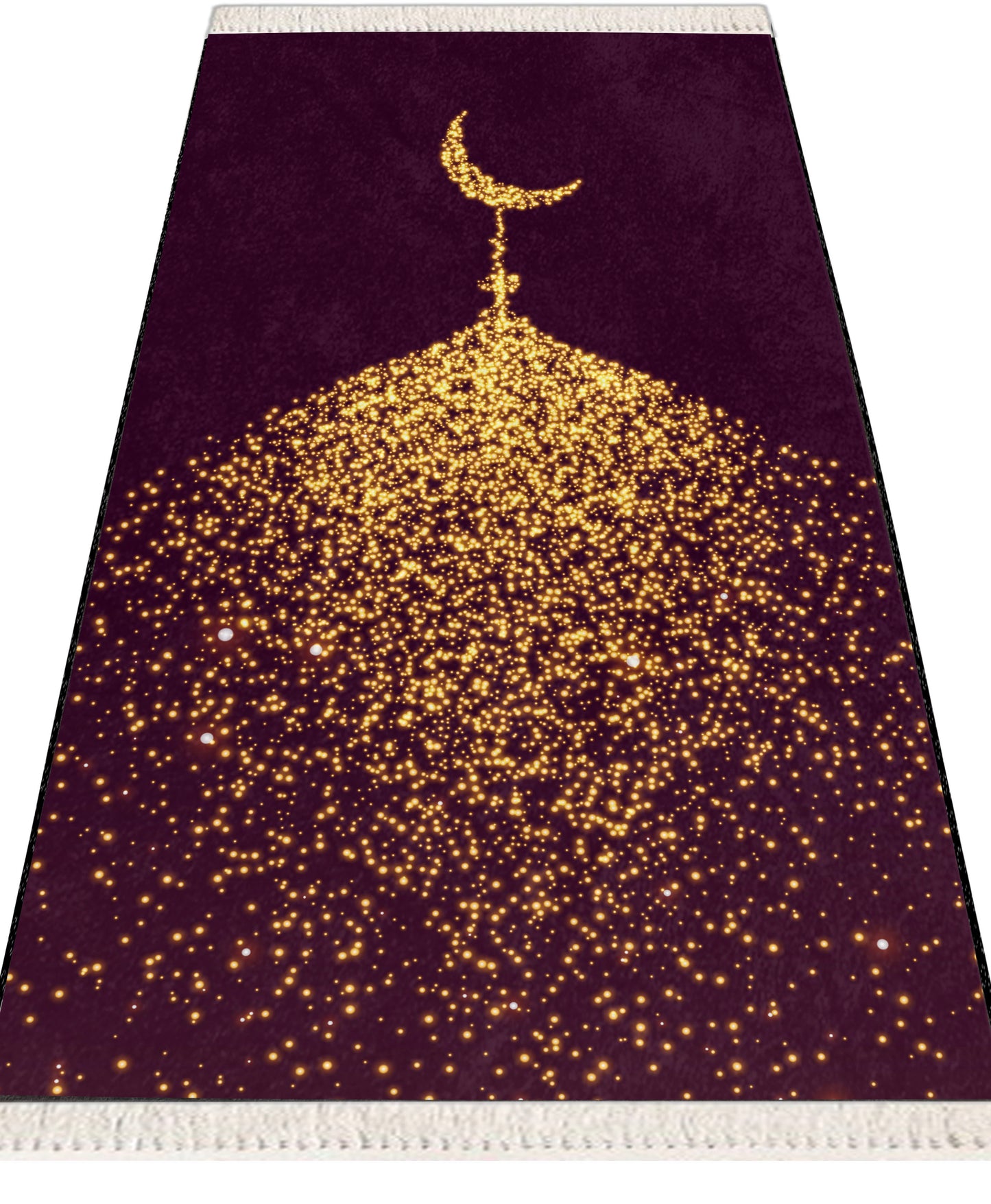 2 CM (0.8 Inch) Foam Thick Padded Prayer Rug Mat With Soft Velvet Anti-Slip Moon Gold Janamaz Muslim Sejadah