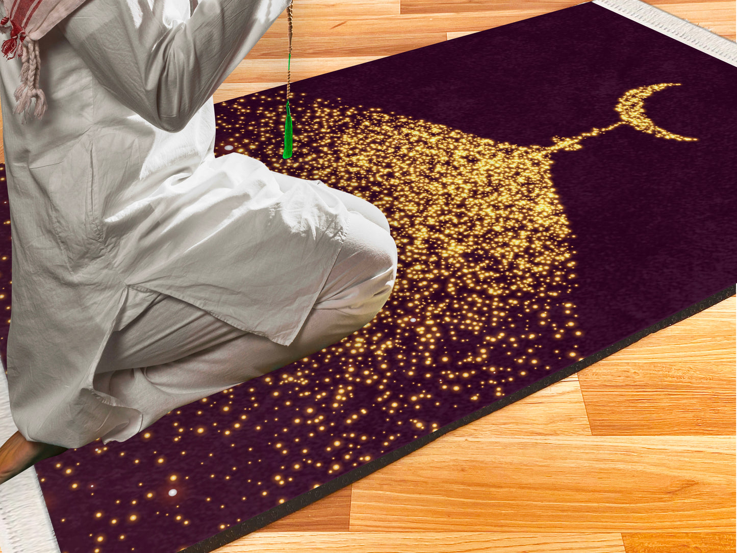 2 CM (0.8 Inch) Foam Thick Padded Prayer Rug Mat With Soft Velvet Anti-Slip Moon Gold Janamaz Muslim Sejadah