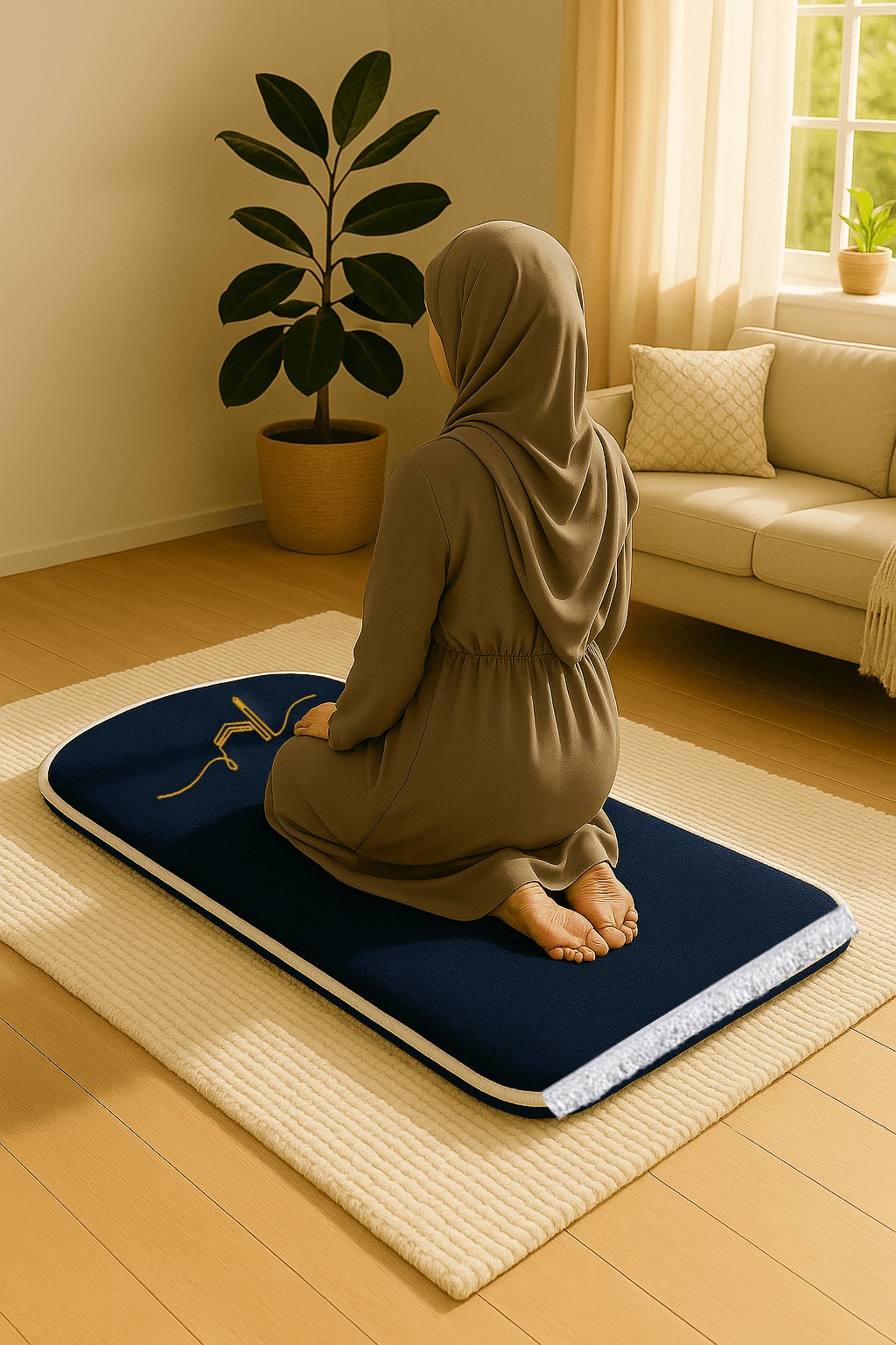 Lacivert Kabe İşlemeli Kadife Seccade | Ortopedik 3cm Süngerli - Carpetella