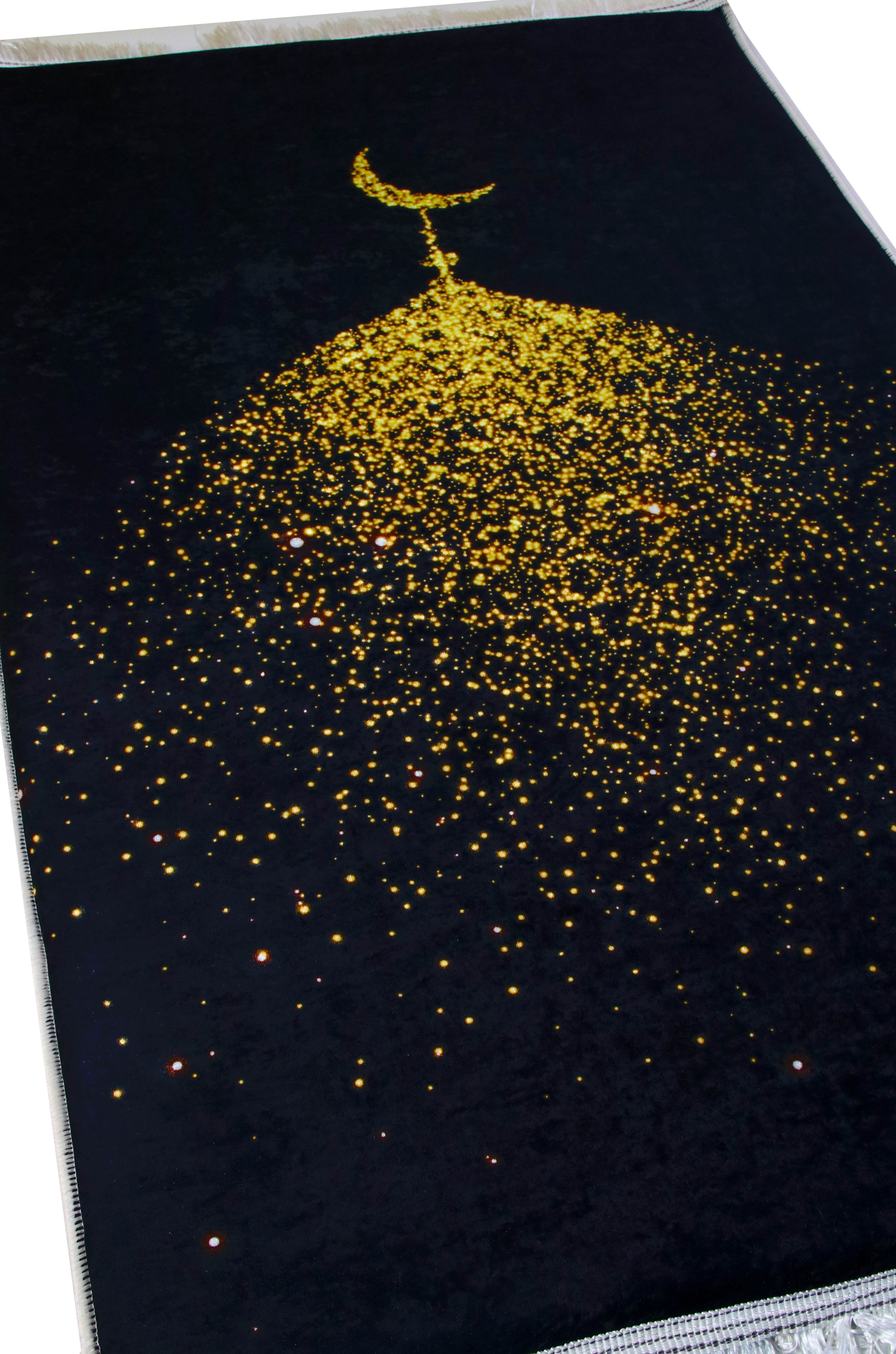 Siyah Gold Hilal Kadife Ortopedik Seccade - İsme Özel 3 CM Süngerli - Carpetella