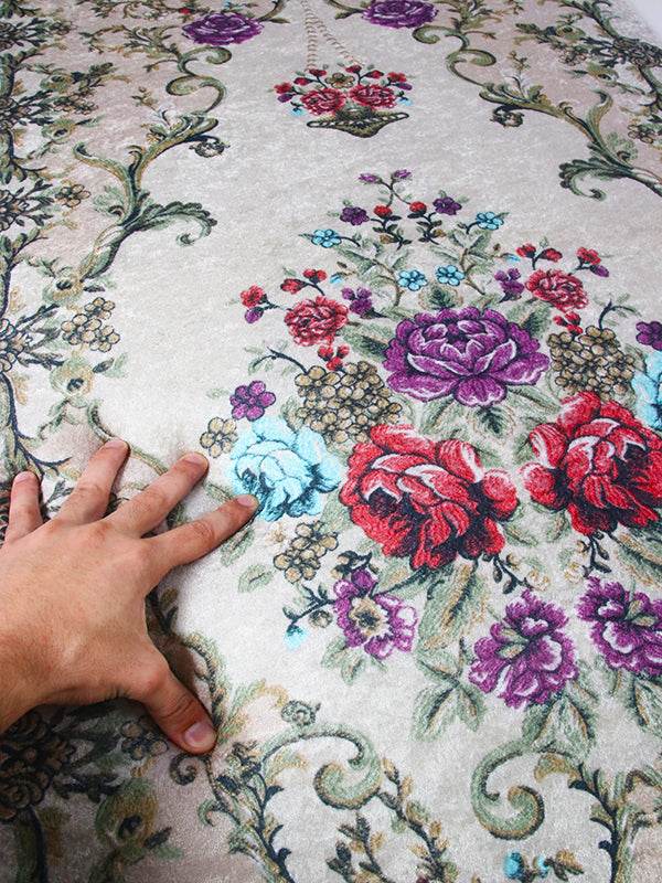 3 CM Süngerli Ortopedik Seccade - Gri Çiçek Desenli Lüks Kadife Seccade - Carpetella