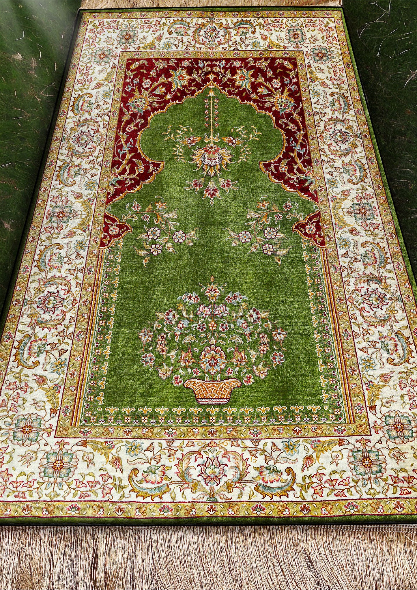 2 CM (0.8 Inch) Foam Thick Padded Prayer Rug Mat With Soft Velvet Anti-Slip Green Oriental Janamaz Muslim Sejadah