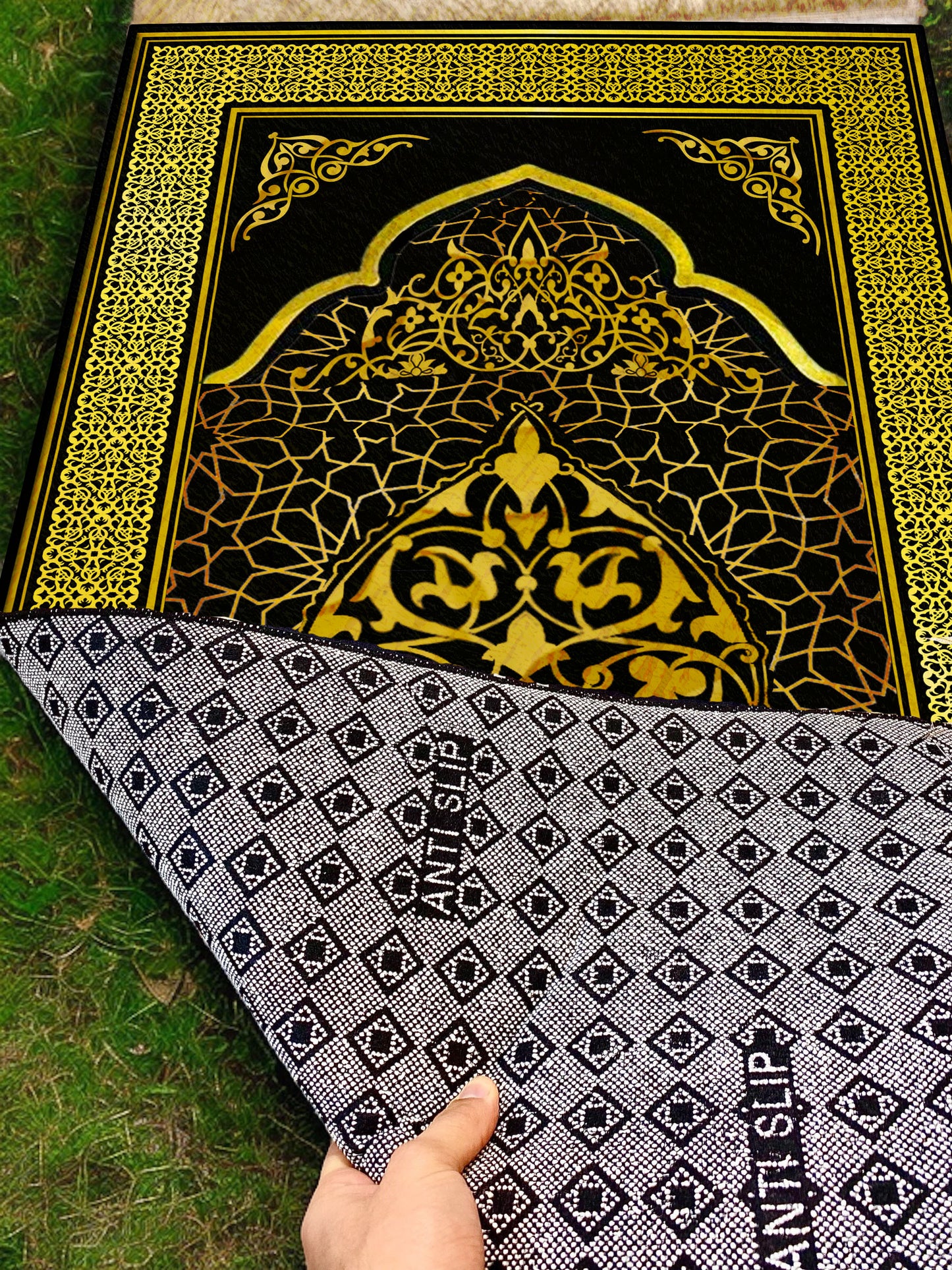 2 CM (0.8 Inch) Foam Thick Padded Prayer Rug Mat With Soft Velvet Anti-Slip Black Gold Janamaz Muslim Sejadah