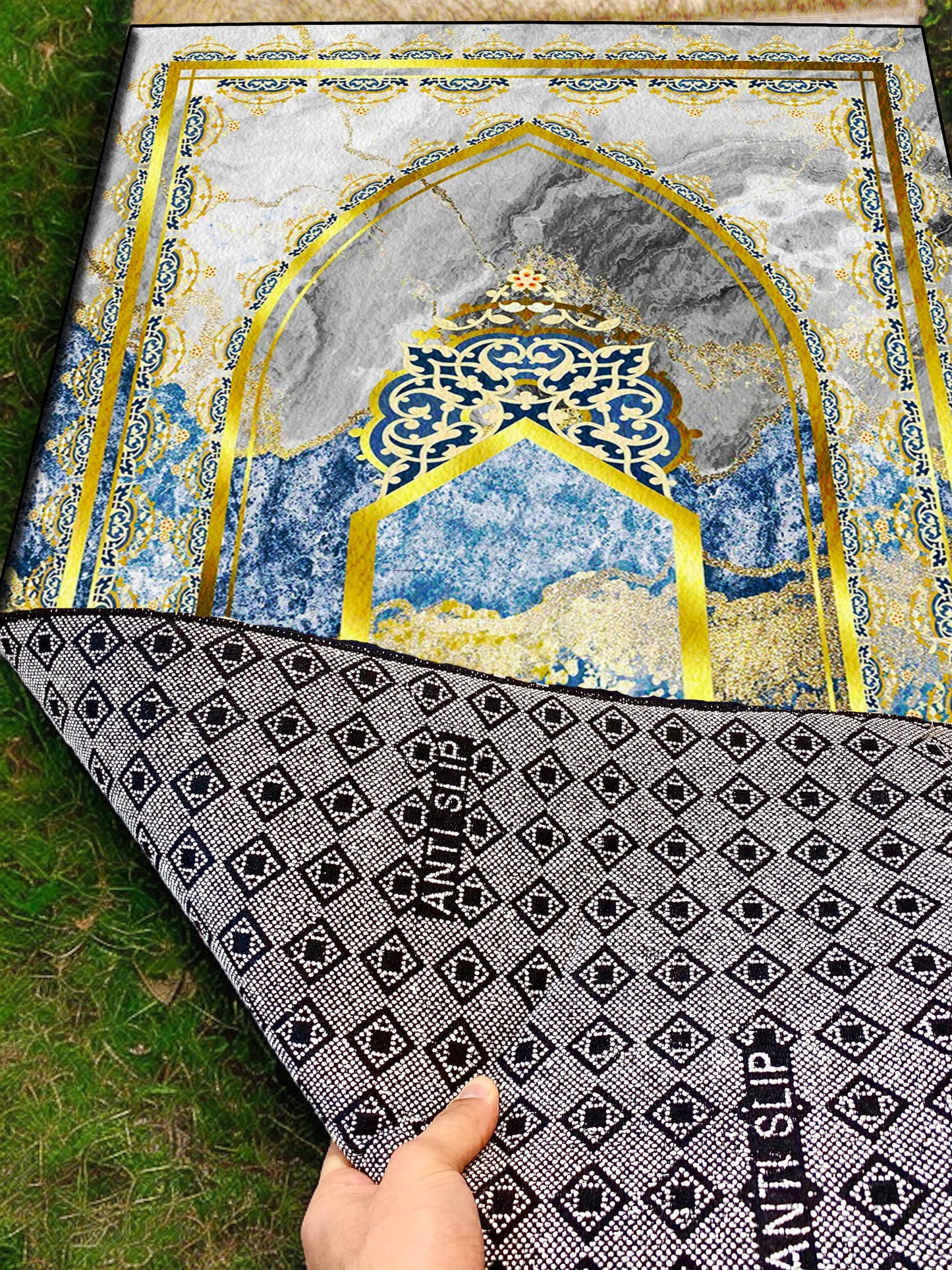 2 CM (0.8 Inch) Foam Thick Padded Prayer Rug Mat With Soft Velvet Anti-Slip Blue Gold Marble Janamaz Muslim Sejadah