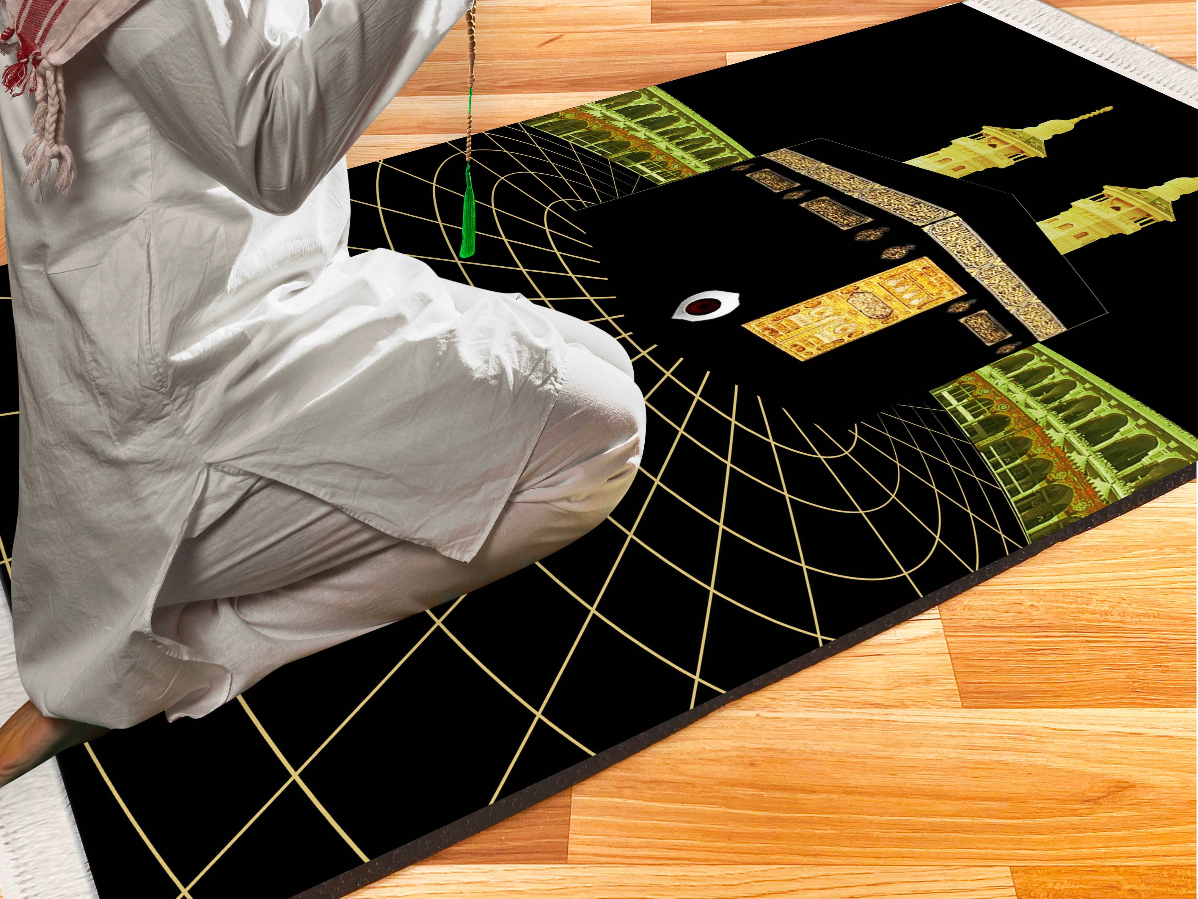 Siyah Kabe Desenli İsme Özel Keten Astarlı Lüks Seccade - Carpetella