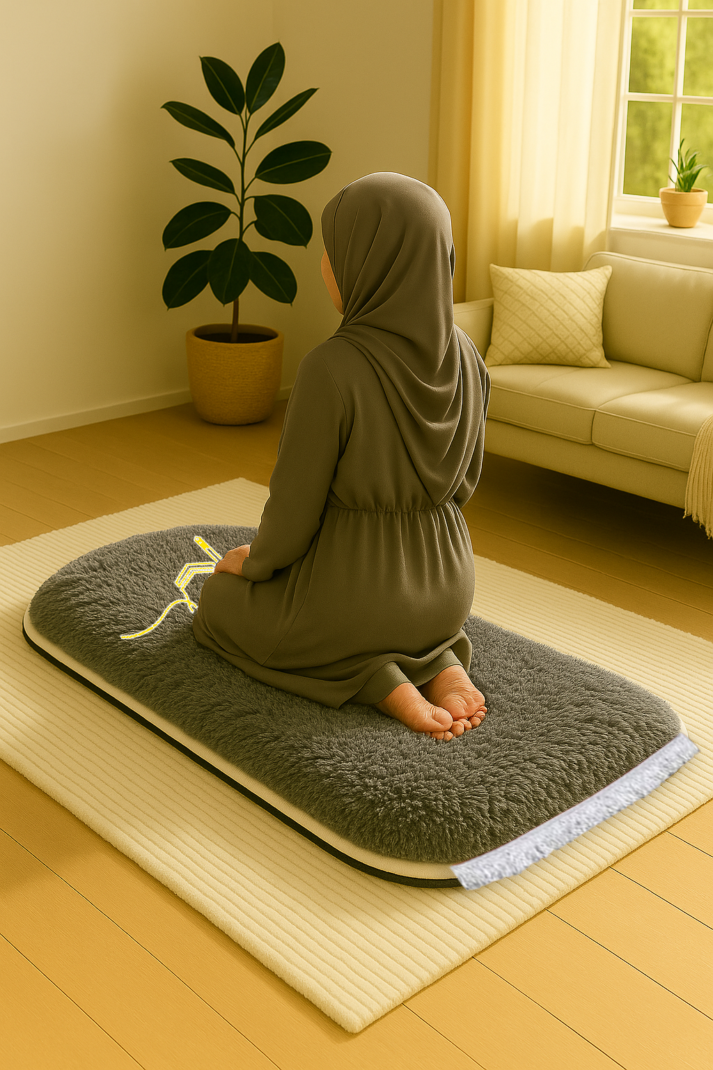 Kabe İşlemeli 3 CM Süngerli Peluş Seccade | Gri Ortopedik Süngerli