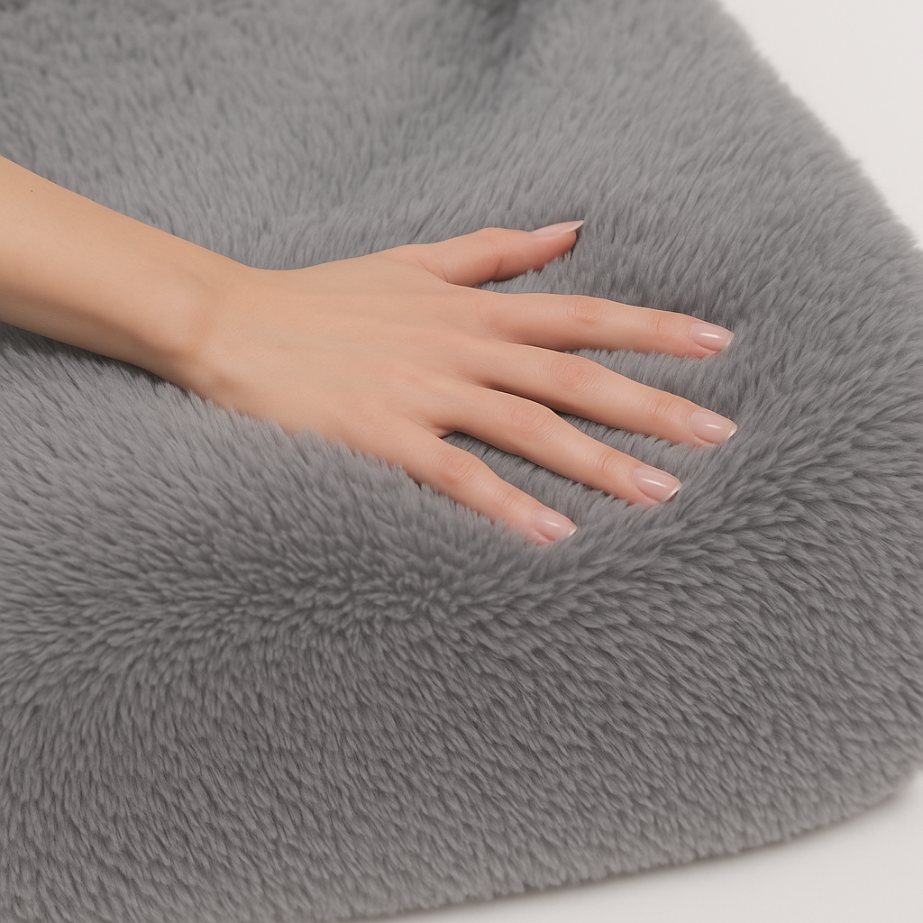 Kabe İşlemeli 3 CM Süngerli Peluş Seccade | Gri Ortopedik Süngerli