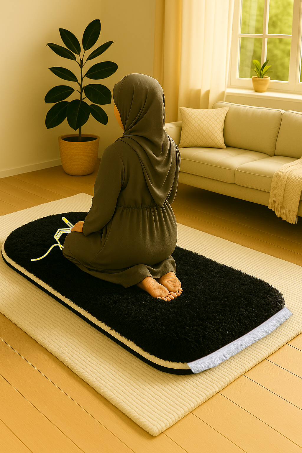 Kabe İşlemeli 3 CM Süngerli Peluş Seccade | Siyah Ortopedik Süngerli