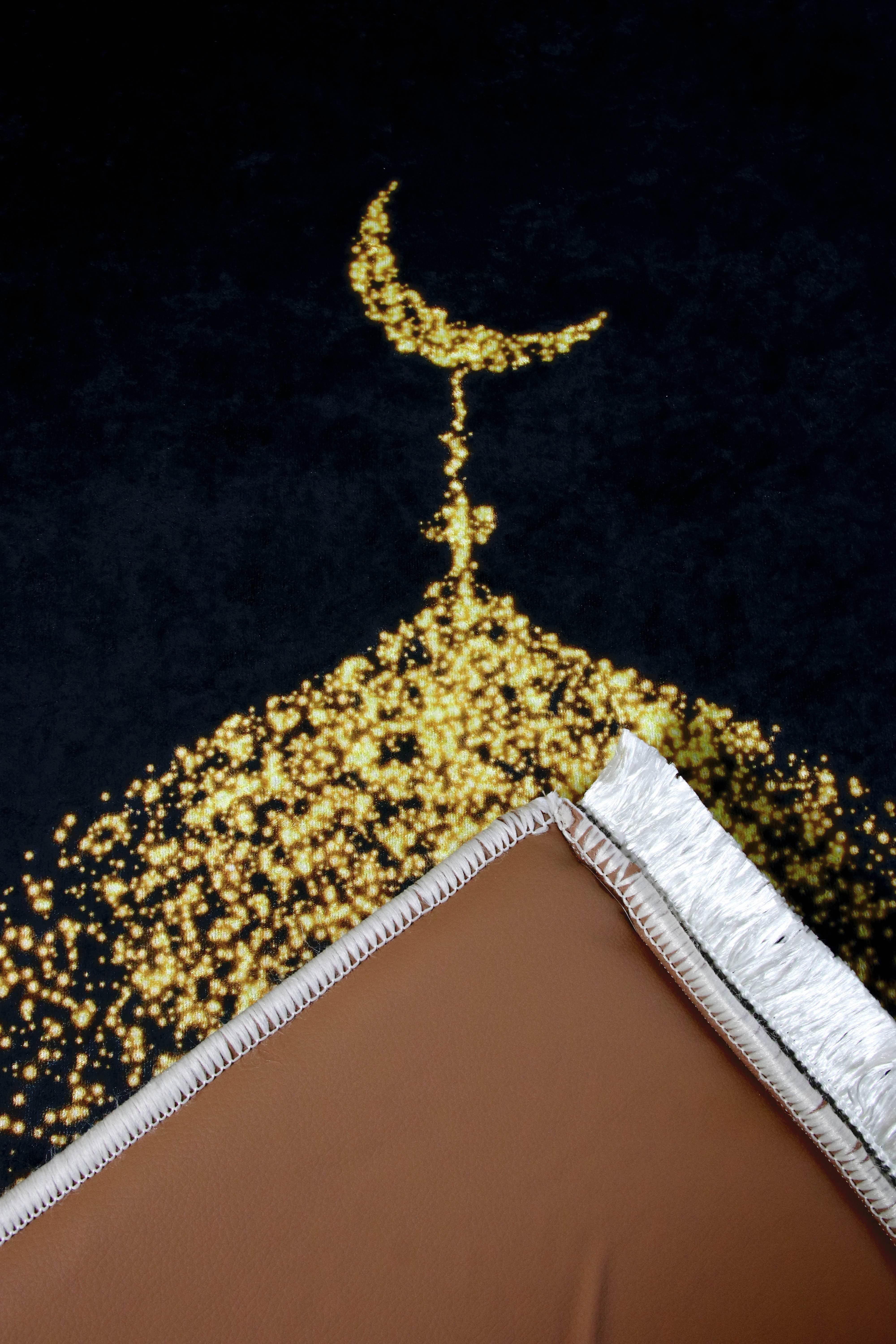 Siyah Gold Hilal Kadife Ortopedik Seccade - İsme Özel 3 CM Süngerli - Carpetella