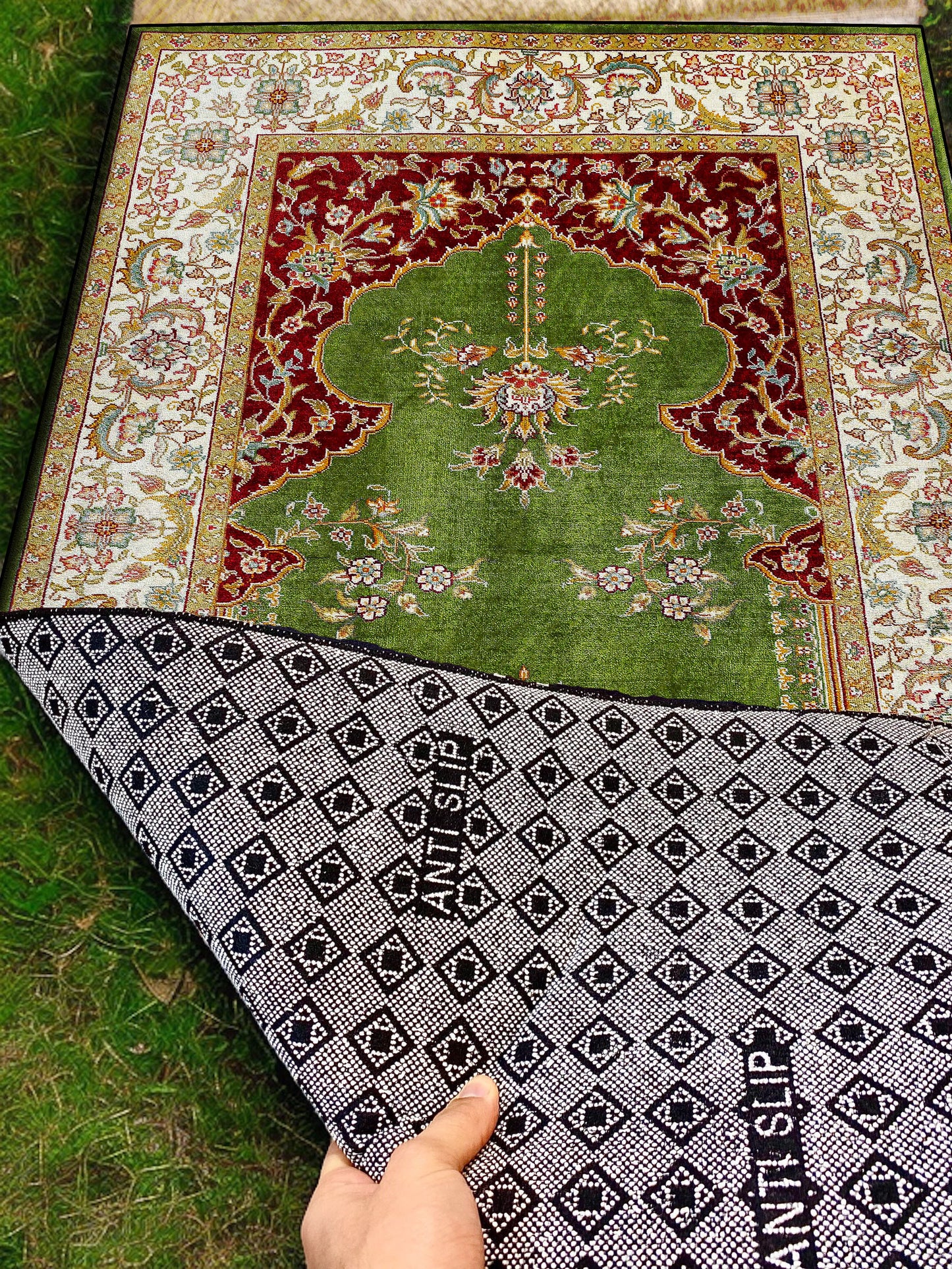 2 CM (0.8 Inch) Foam Thick Padded Prayer Rug Mat With Soft Velvet Anti-Slip Green Oriental Janamaz Muslim Sejadah