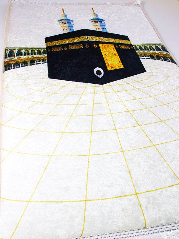 3 CM Süngerli Ortopedik Seccade - Beyaz Kabe Motifli Lüks Kadife Seccade - Carpetella