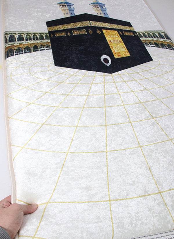 3 CM Süngerli Ortopedik Seccade - Beyaz Kabe Motifli Lüks Kadife Seccade - Carpetella