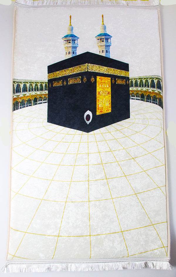 3 CM Süngerli Ortopedik Seccade - Beyaz Kabe Motifli Lüks Kadife Seccade - Carpetella