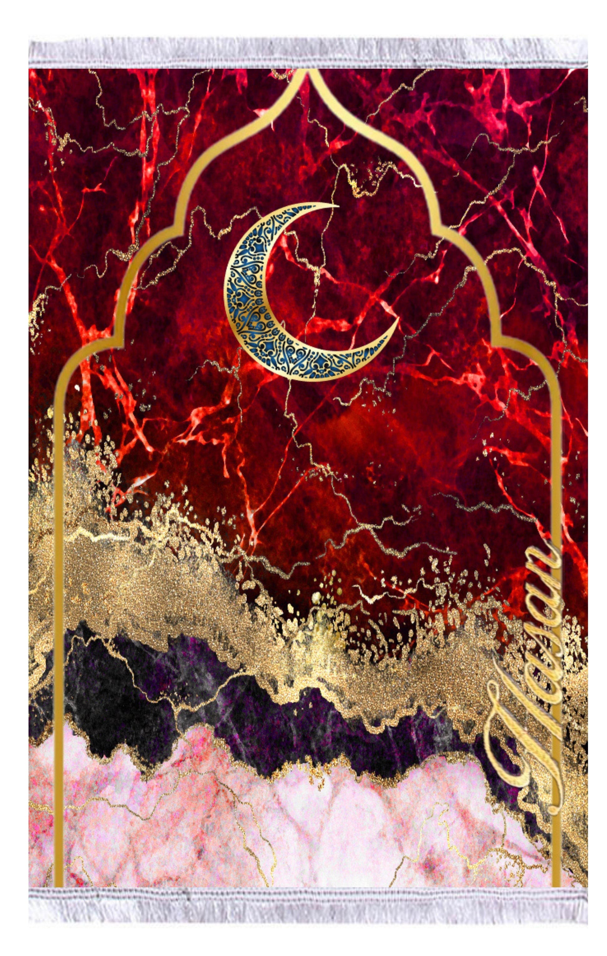 Mor Hilal Desenli İsme Özel Keten Astarlı Lüks Seccade - Carpetella