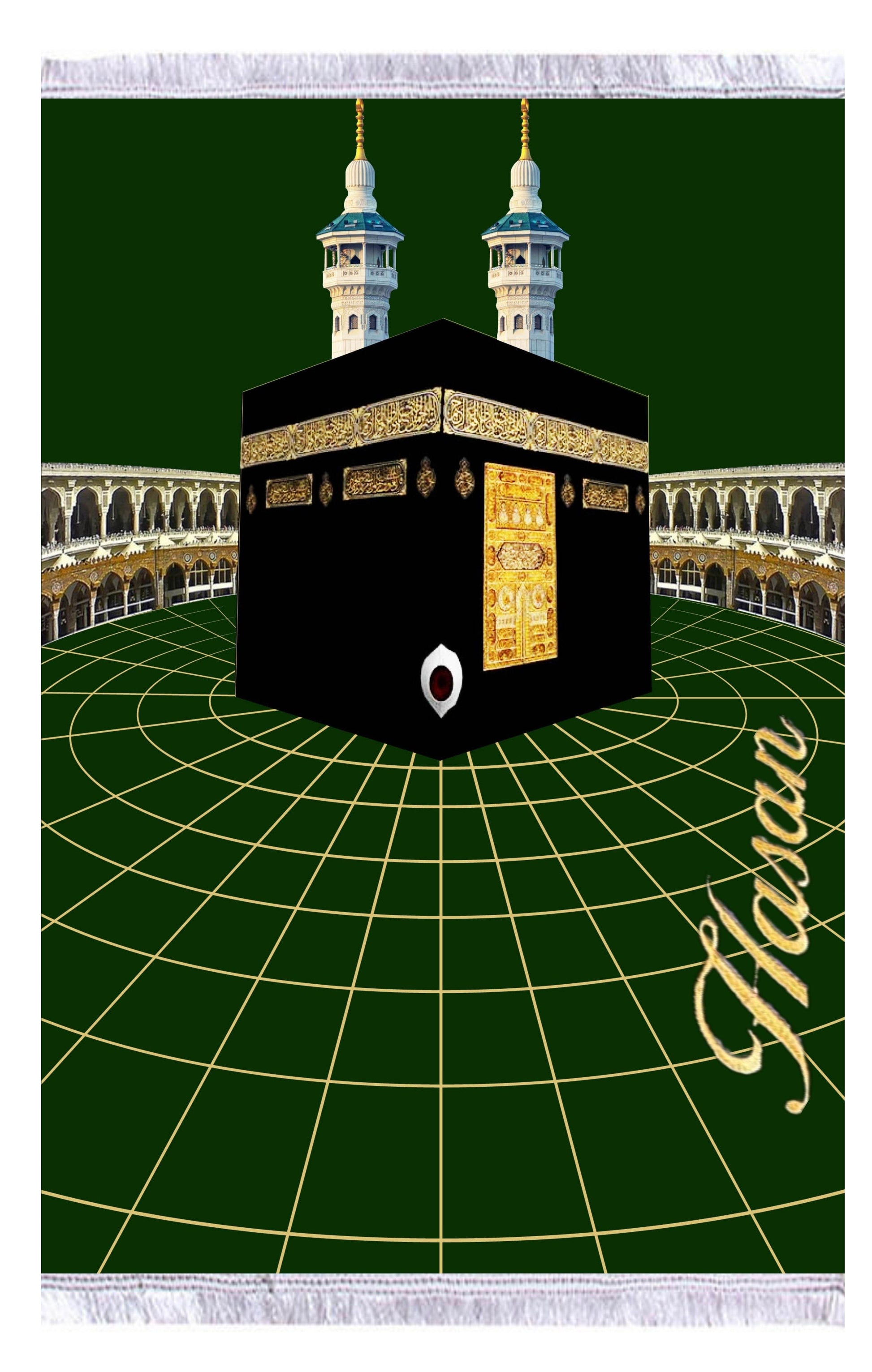 Yeşil Kabe Desenli İsme Özel Keten Astarlı Lüks Seccade - Carpetella