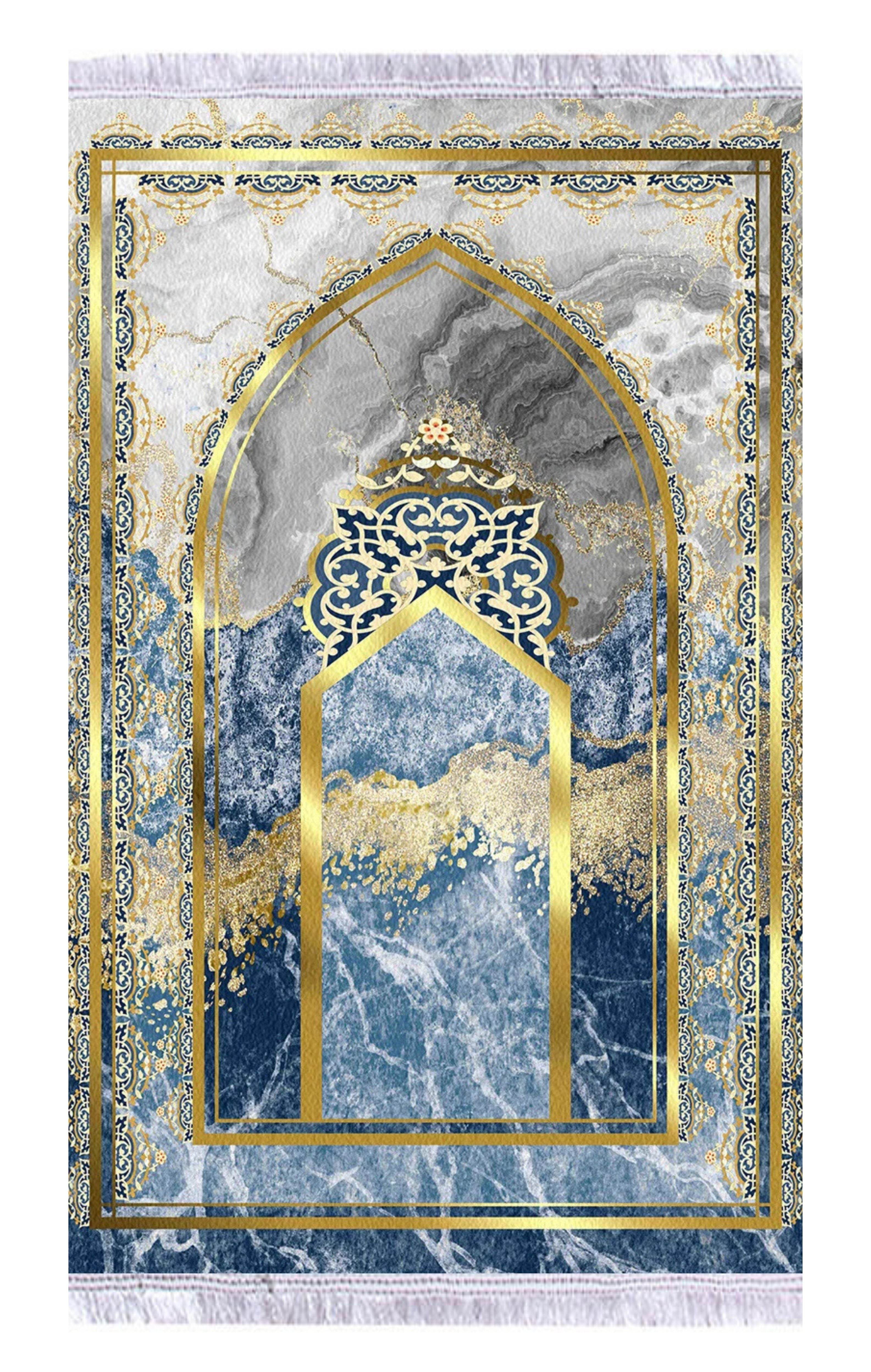 Mavi Gold Keten Astarlı Kadife Seccade - 70x120cm - Carpetella