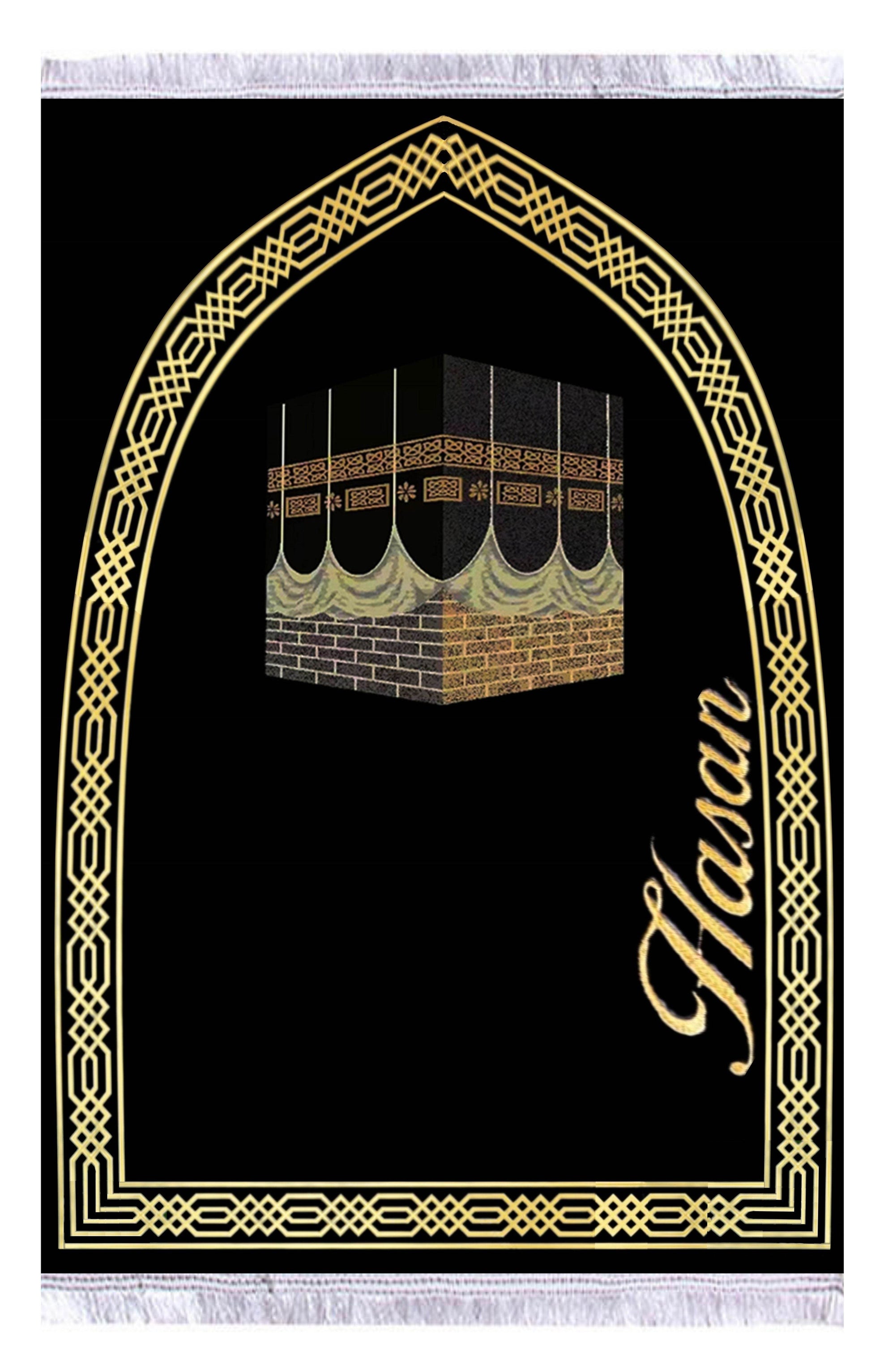 Siyah Kabe Desenli İsme Özel Keten Astarlı Lüks Seccade - Carpetella