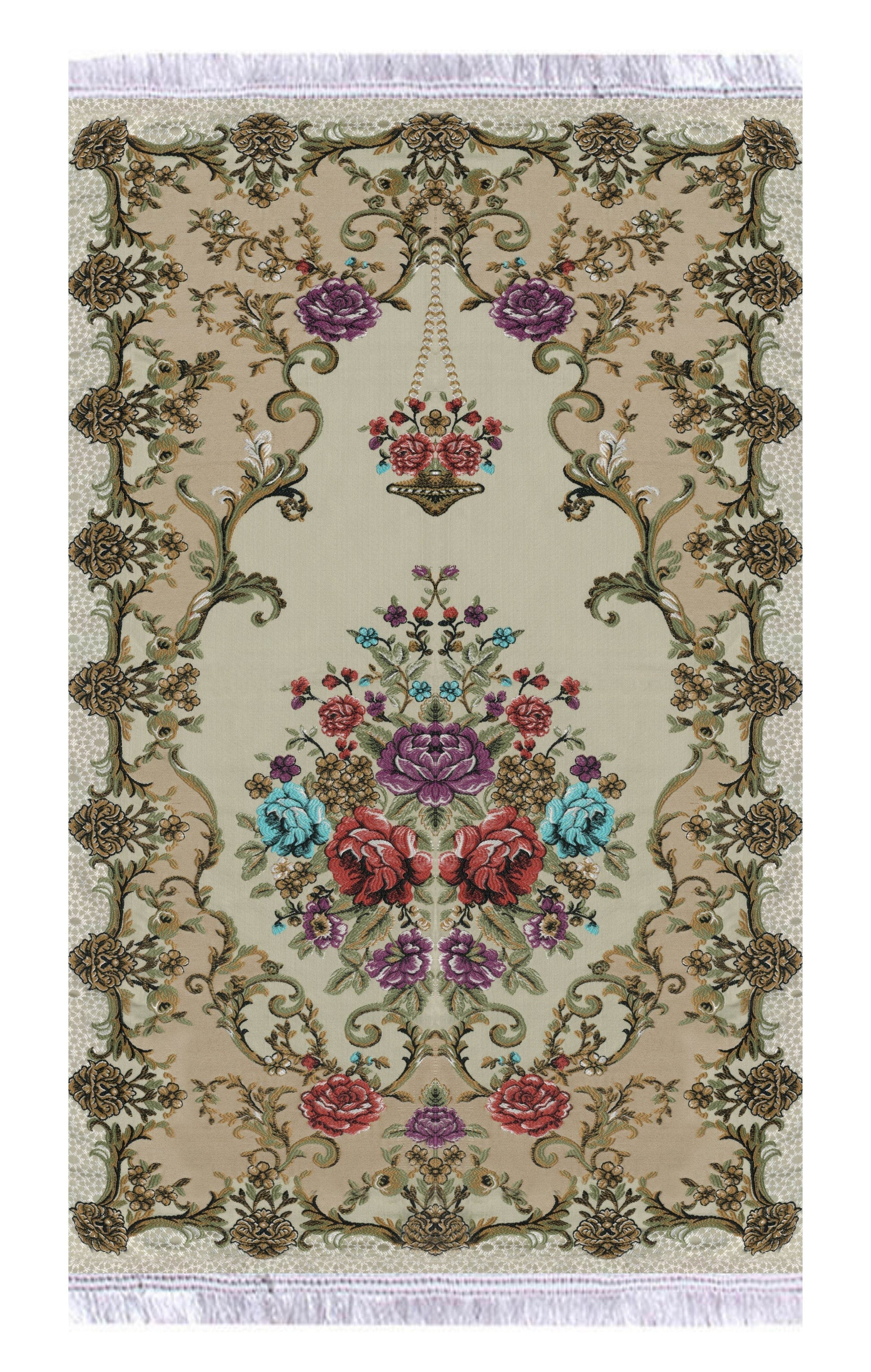 Renkli Çiçek Keten Astarlı Kadife Seccade - 70x120cm - Carpetella