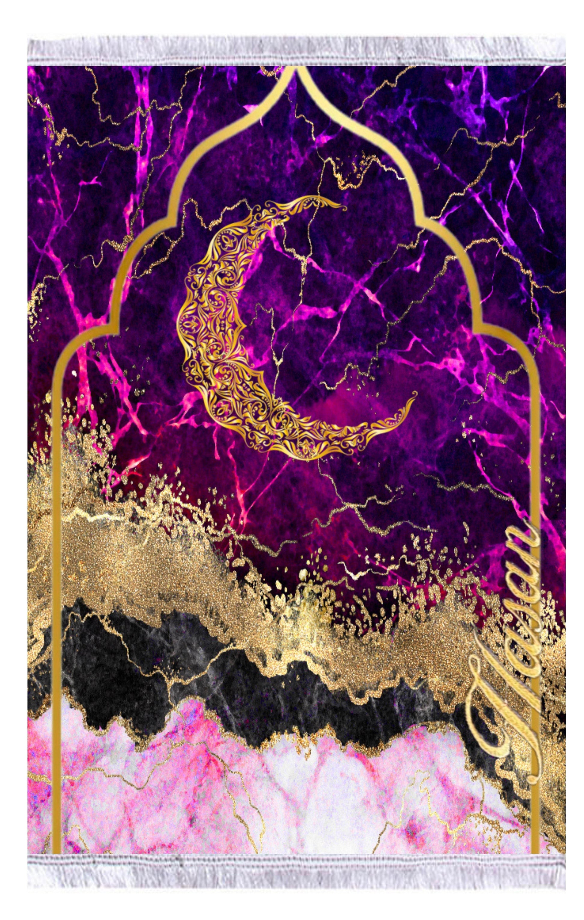 Kırmızı Hilal Desenli İsme Özel Keten Astarlı Lüks Seccade - Carpetella