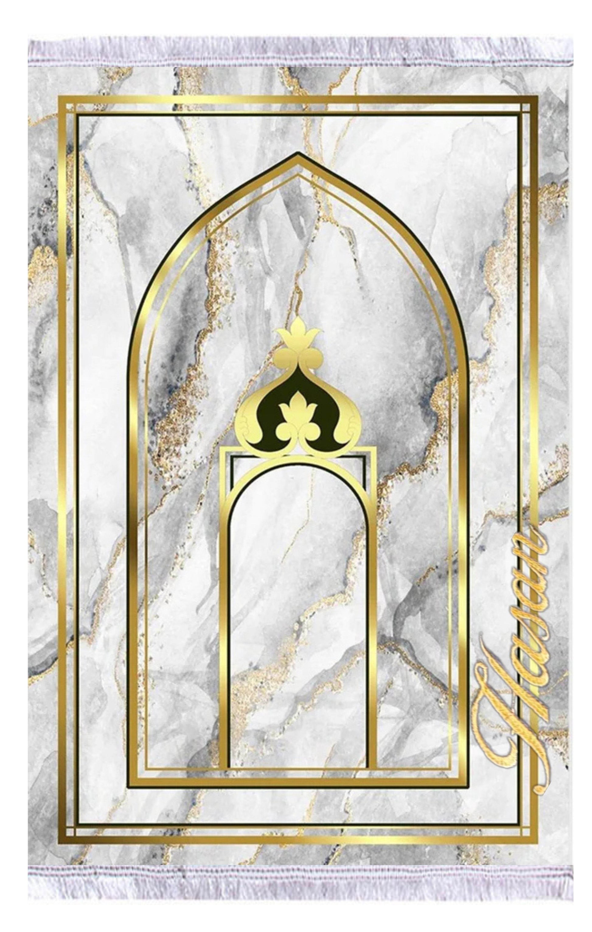 Gold Mermer Desenli İsme Özel Keten Astarlı Lüks Seccade - Carpetella