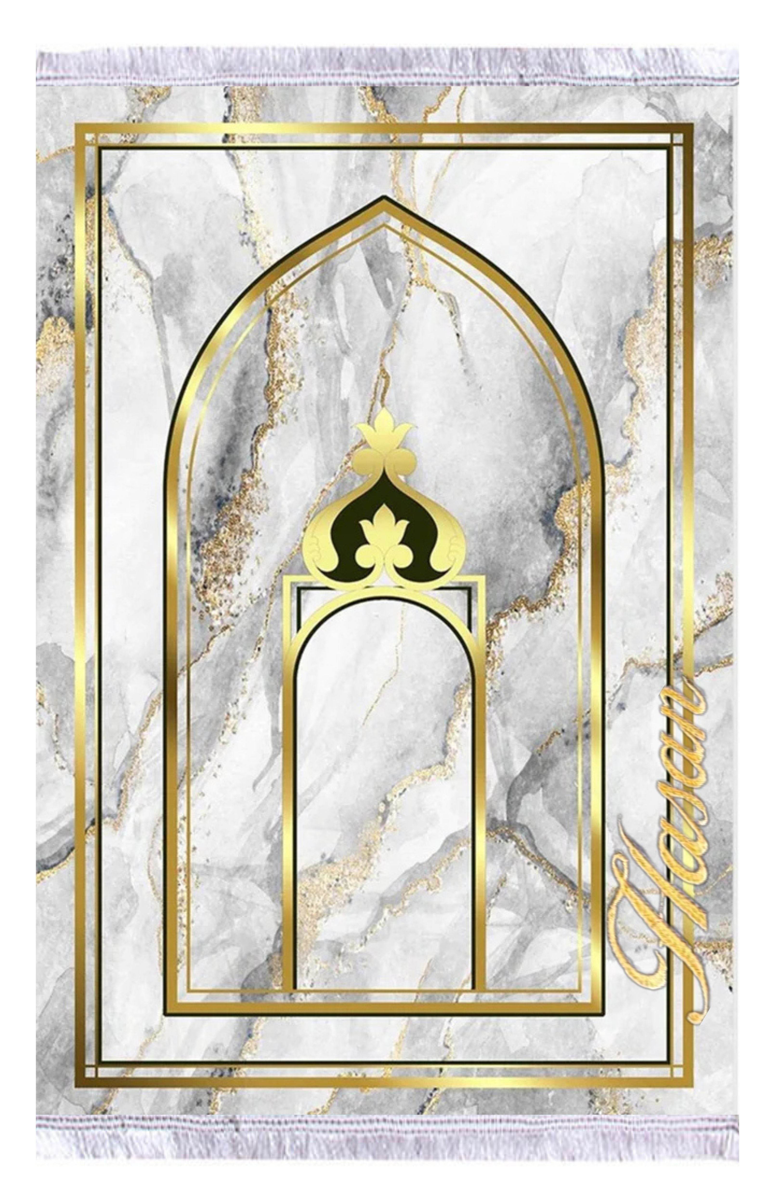 Gold Mermer Desenli İsme Özel Keten Astarlı Lüks Seccade - Carpetella