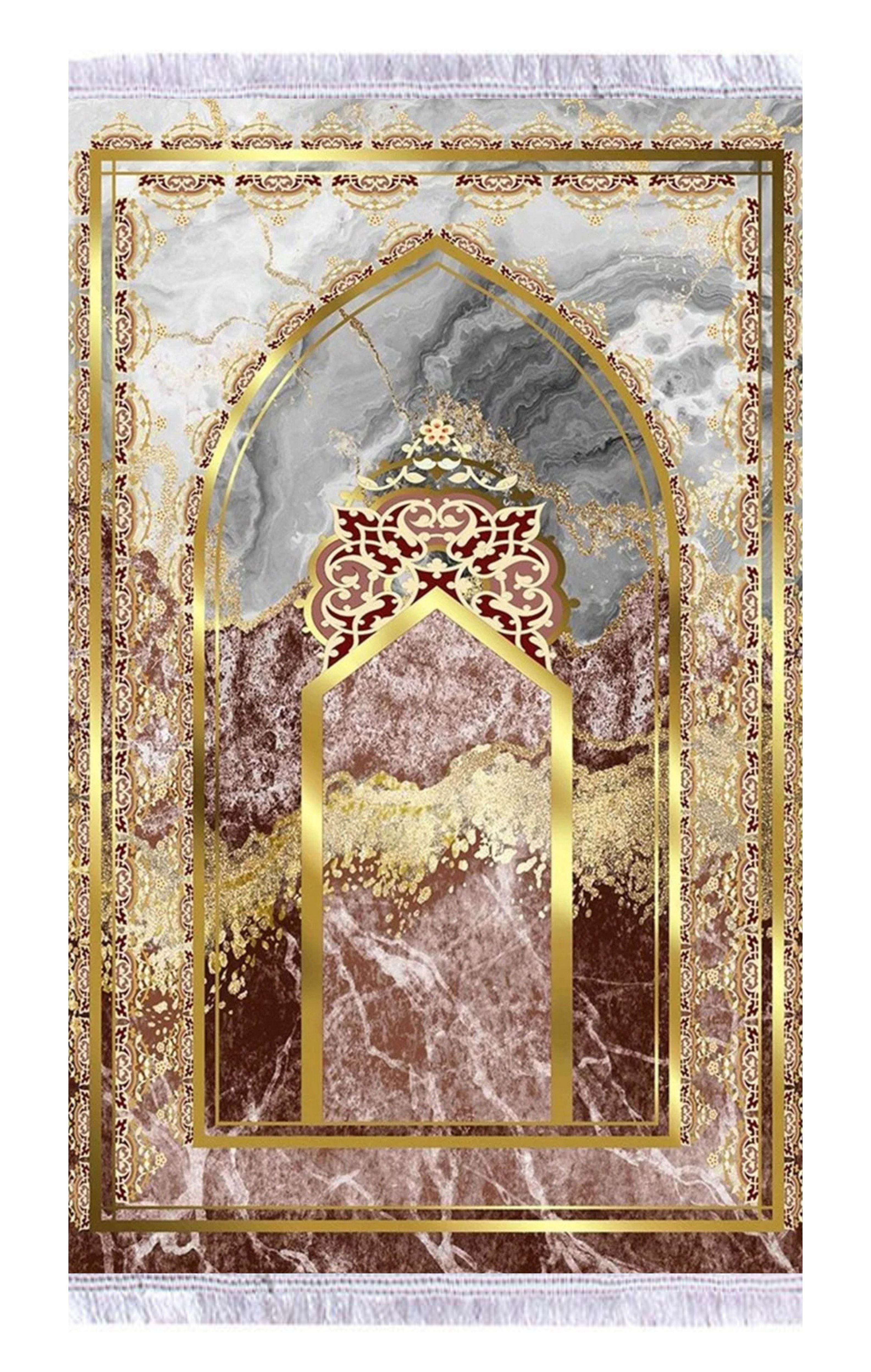 Gold Mermer Keten Astarlı Kadife Seccade - 70x120cm - Carpetella