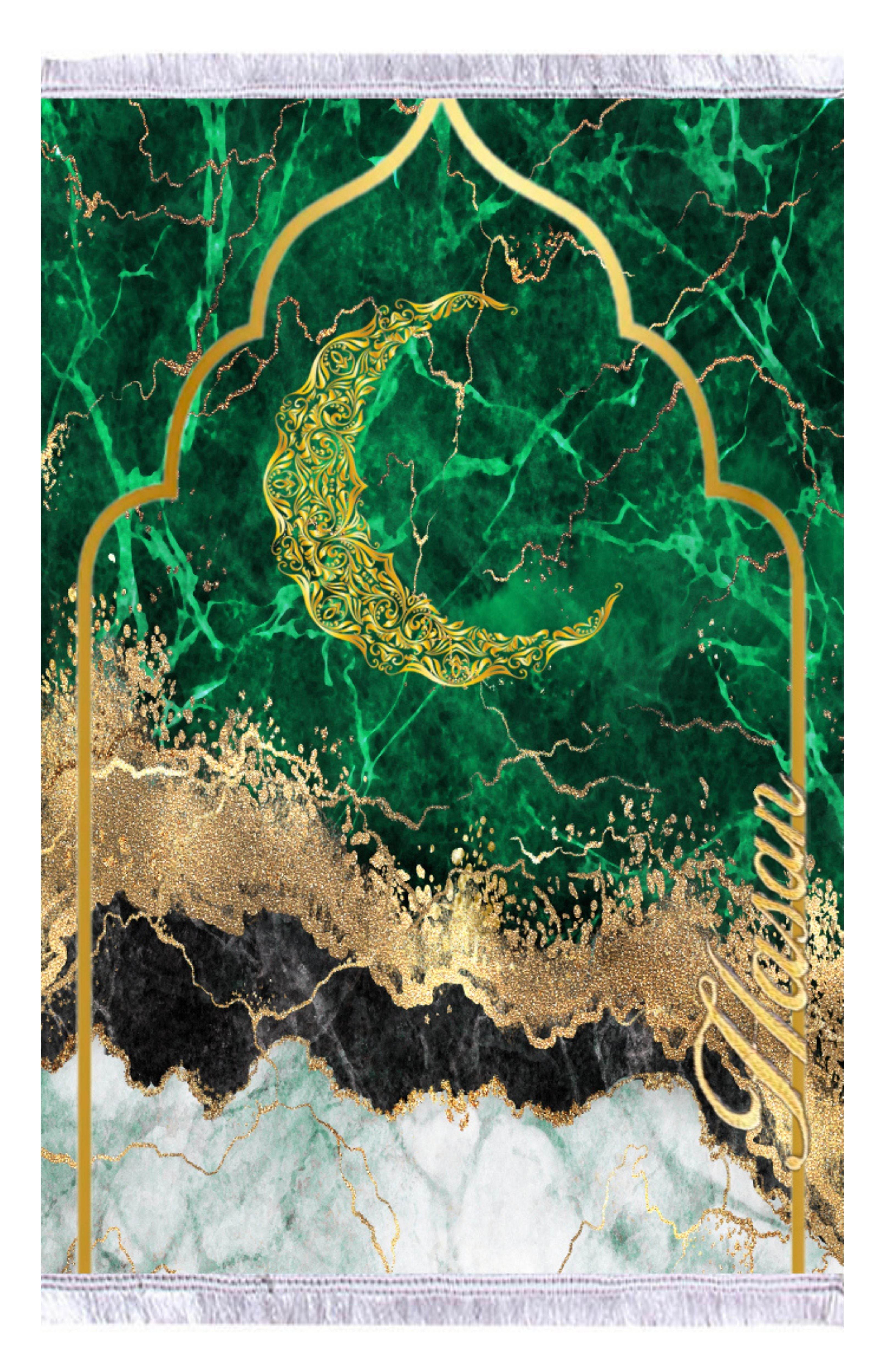 Yeşil Hilal İsme Özel Keten Astarlı Lüks Seccade - Carpetella