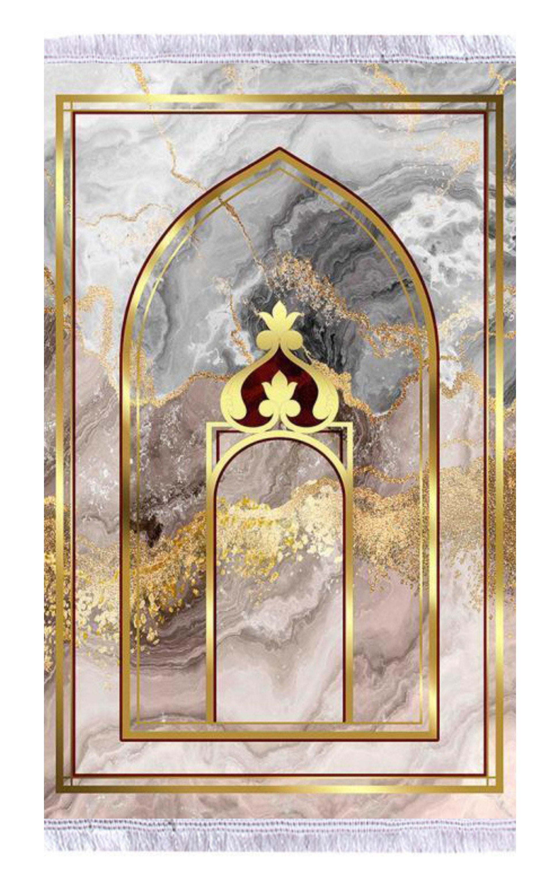 Gold Mermer Keten Astarlı Kadife Seccade - 70x120cm - Carpetella