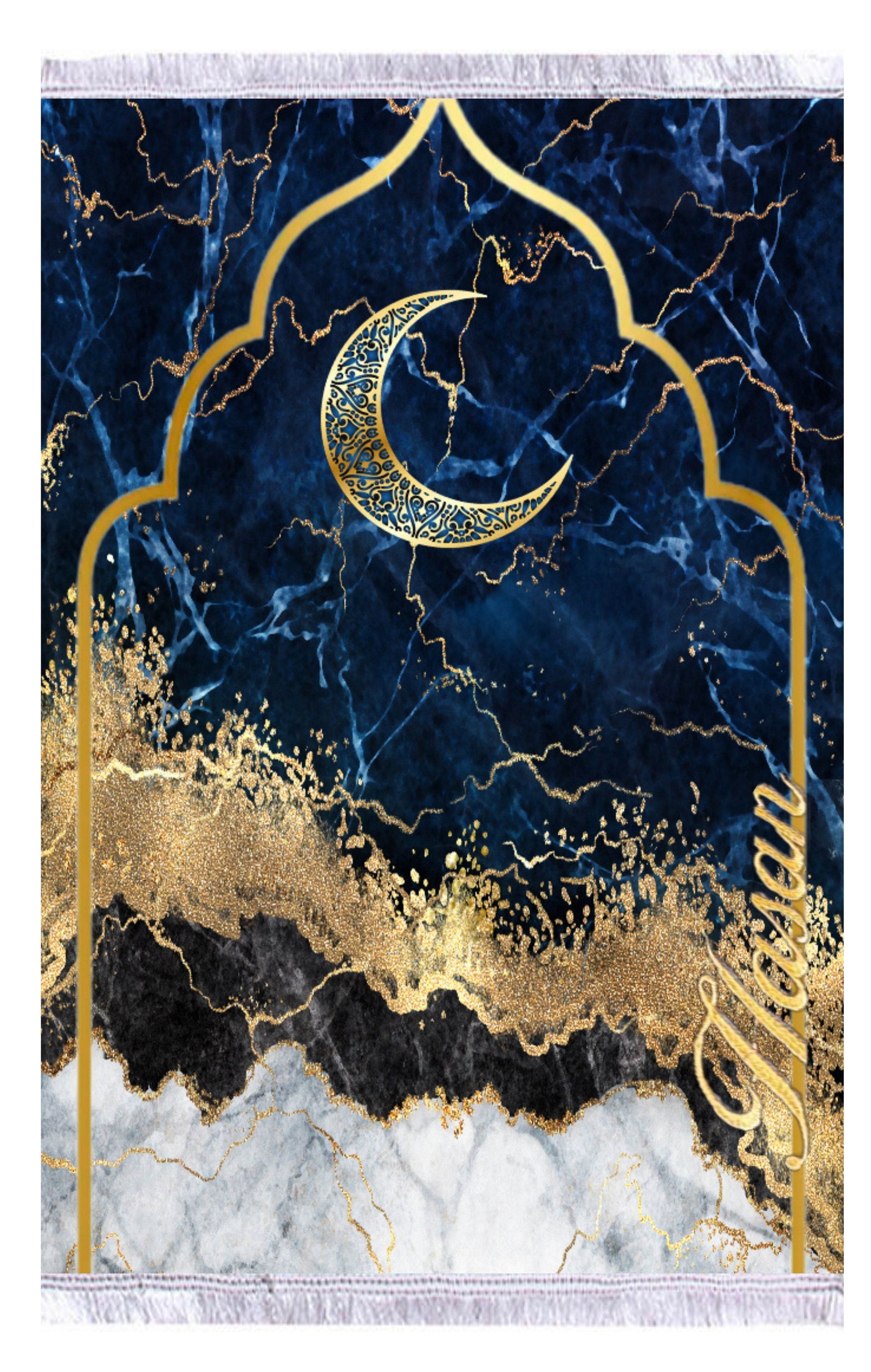 Lacivert Hilal İsme Özel Keten Astarlı Lüks Seccade - Carpetella