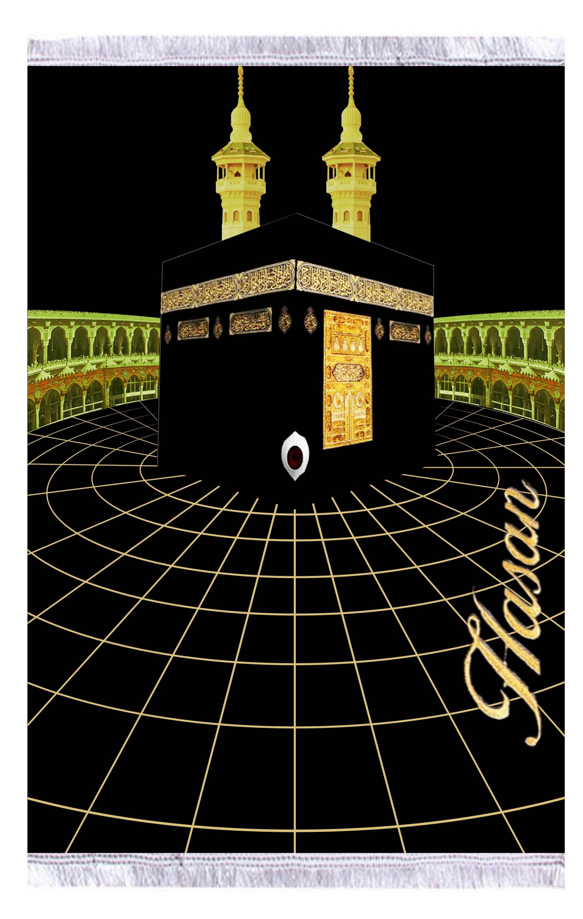 Siyah Kabe Desenli İsme Özel Keten Astarlı Lüks Seccade - Carpetella