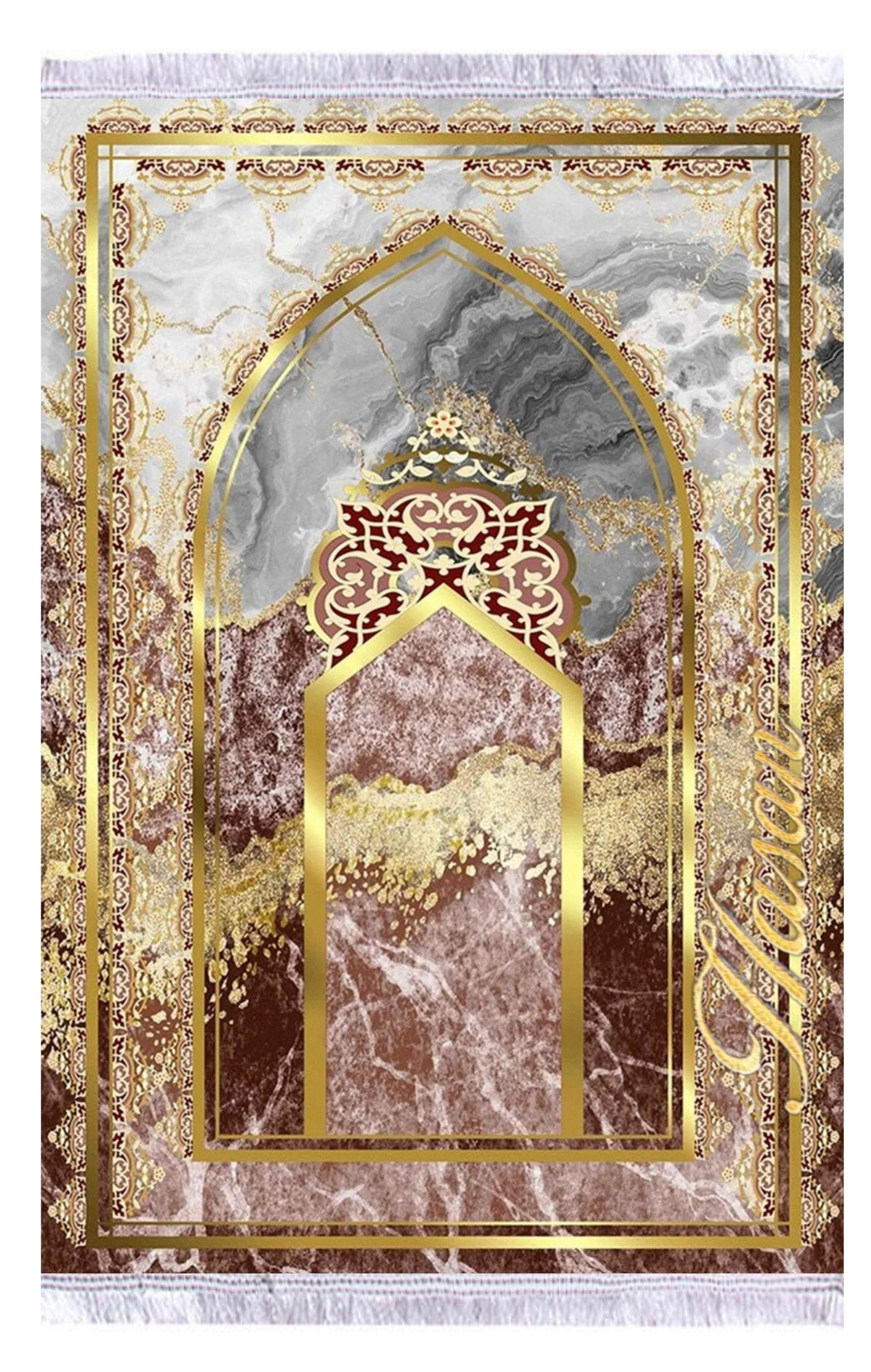 Gold Mermer Desenli İsme Özel Keten Astarlı Lüks Seccade - Carpetella