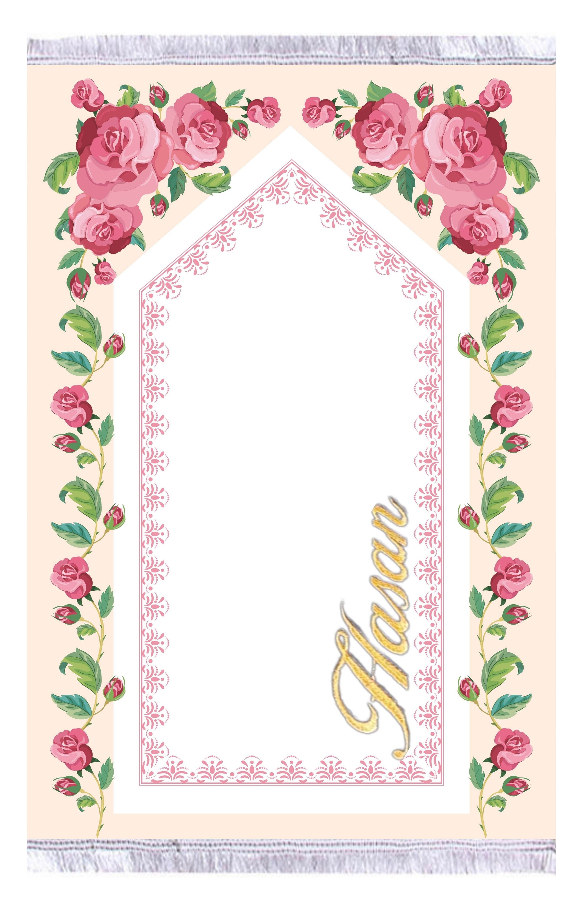 Pembe Çiçek Desenli İsme Özel Keten Astarlı Lüks Seccade - Carpetella