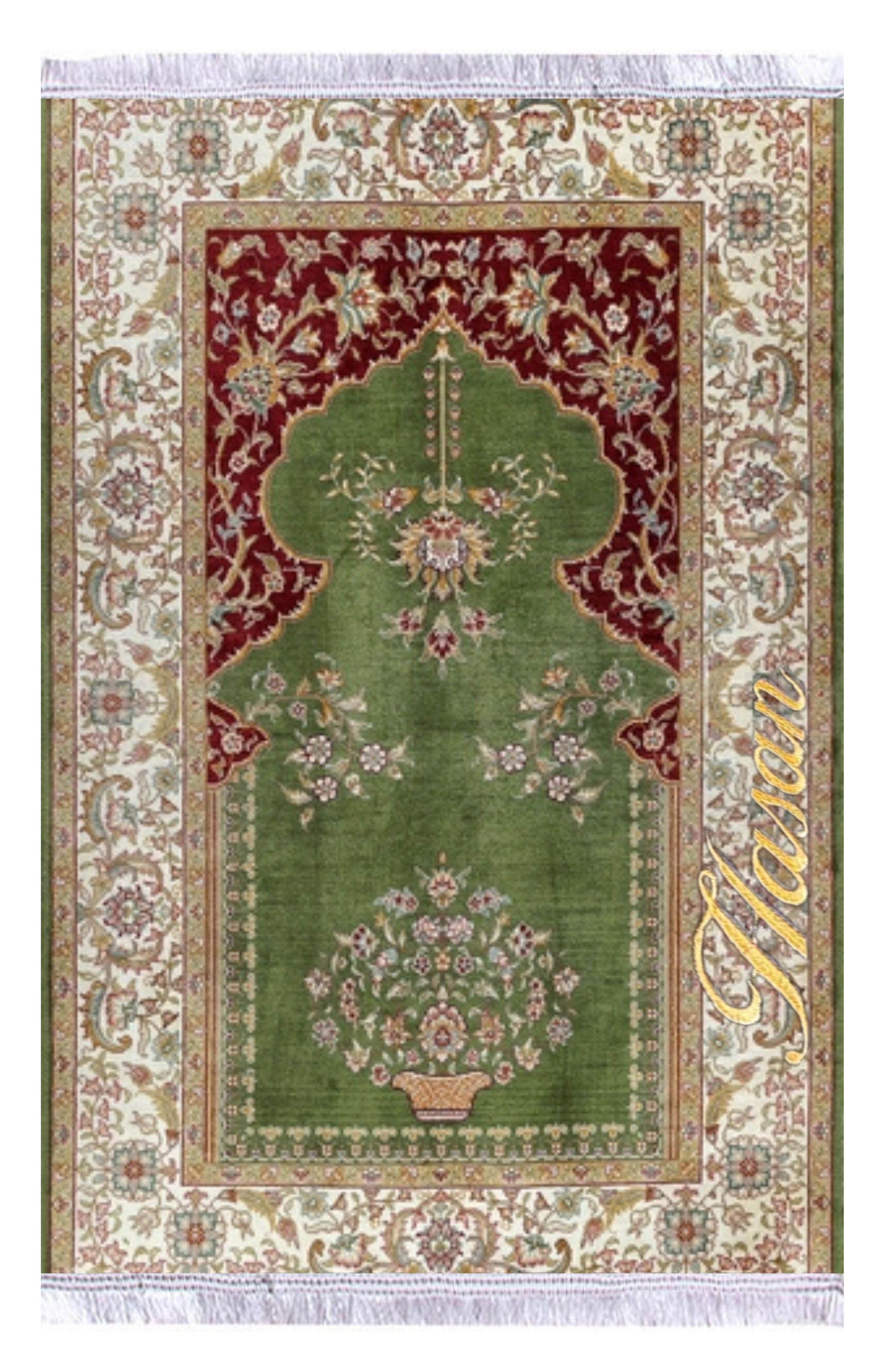 Yeşil Bej İsme Özel Keten Astarlı Lüks Seccade - Carpetella